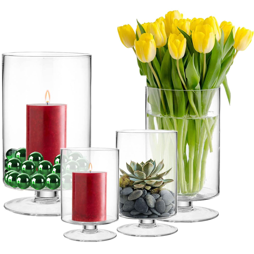 CYS EXCEL Glass Hurricane Pillar Candle Holder (H:6" W:3.75") | Multiple Size Choices Short Stem Candle Centerpieces | Stemmed Glass Cylinder Candle Vase