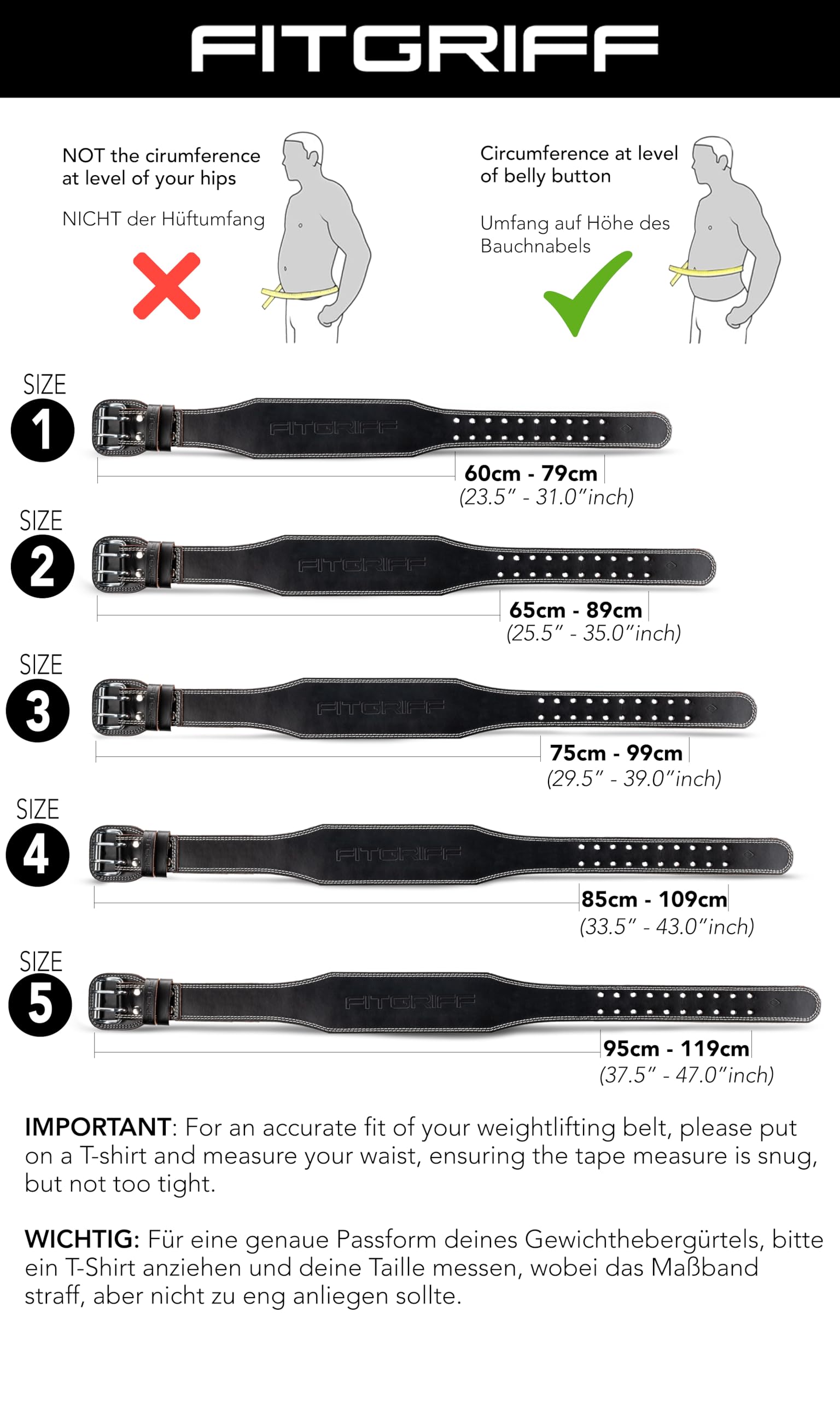 Fitgriff® Classic Weight Lifting Belt (100% Leather) for Men and Women - Gym Belt for Squats, Deadlift, Back Support