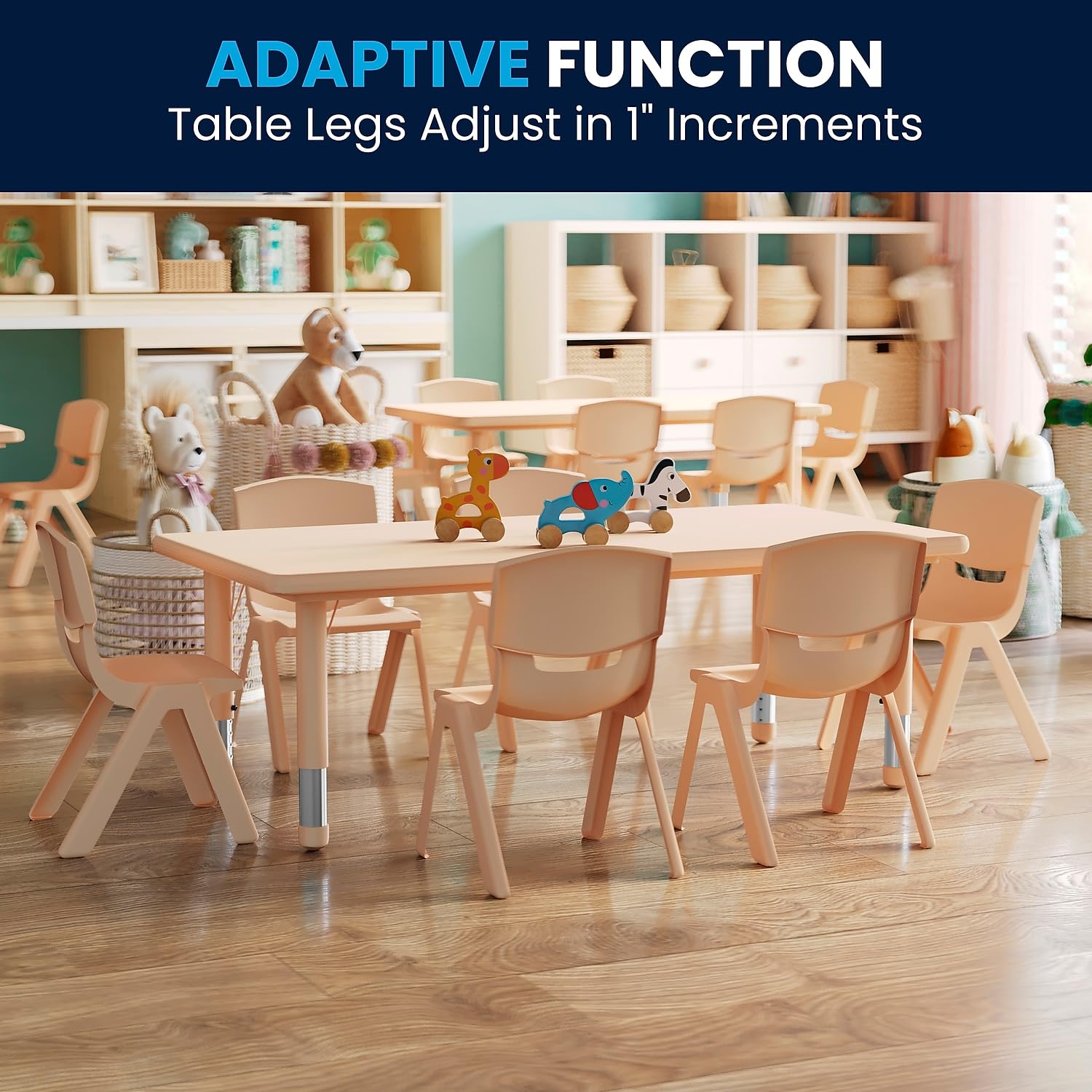 Flash Furniture Emmy 24''W x 48''L Rectangular Green Plastic Height Adjustable Activity Table Set with 6 Chairs