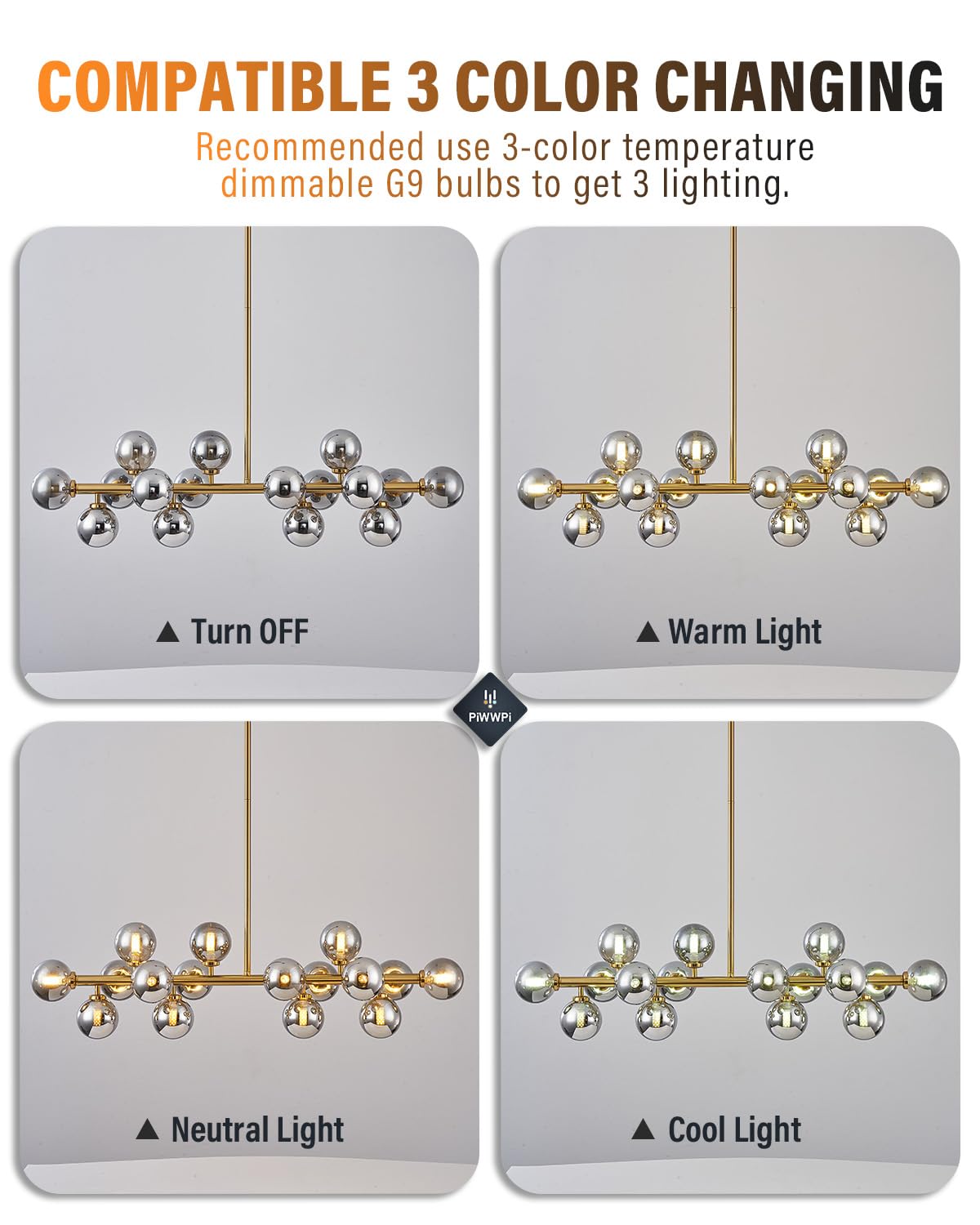 Modern Linear Chandeliers for Dining Room, 8-Light Globe Sputnik Pendant Ceiling Light, Black Dining Room Light Fixture Over Table, Mid Century Glass Milk White Bubble, 31.5 Inch, GC-09