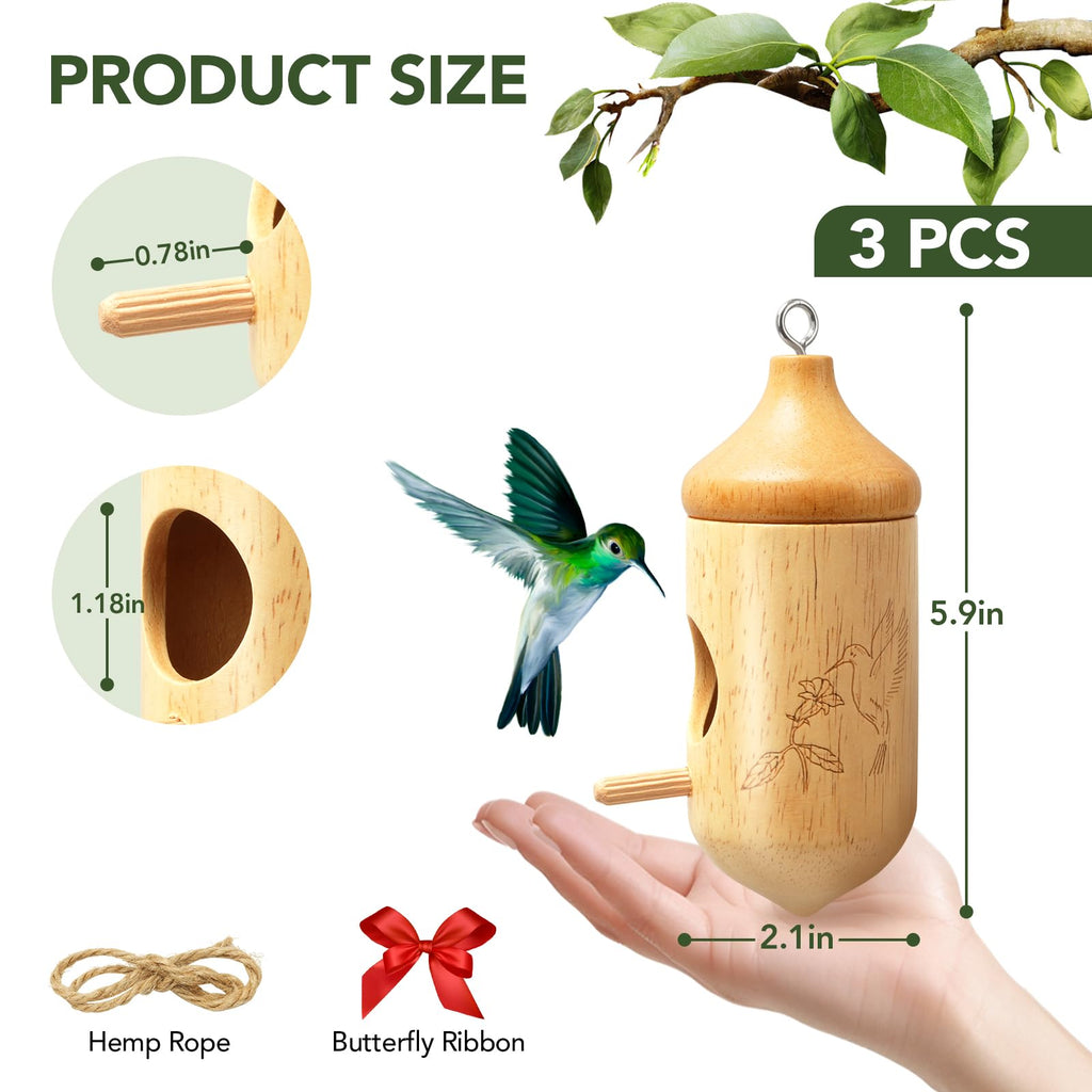 Hummingbird House, Small Hummingbird Houses for Outside, Wooden Bird House with Bow, String, Cute Gardening Gifts Home Decoration
