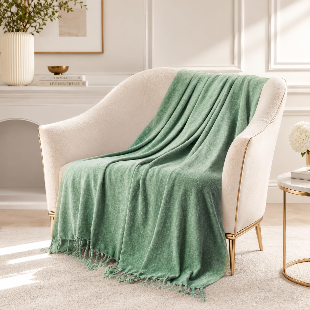 BATTILO HOME Beige Chenille Throw Blanket for Couch, Soft Cozy Textured Knit Throw Blanket with Handmade Fringe Tassels, Lightweight Decorative Farmhouse Blanket for Sofa Bed Chair, 50"x60"