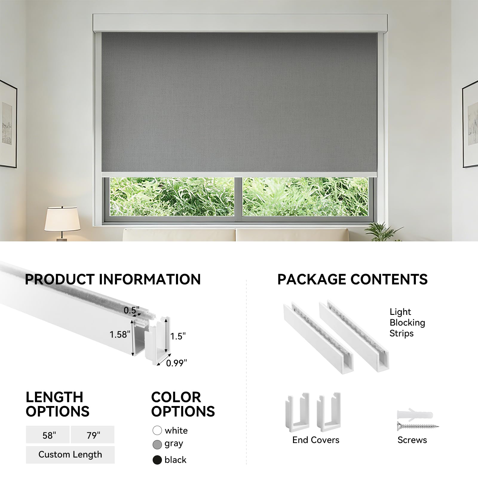 ZSTARR PVC Light Blockers Blackout Light Blockers Side Tracks for Window Shades Blinds Side Tracks for Blackout Shades Easy to Install Light Blocking Strips for Bedroom (Black, 58",2Pcs)