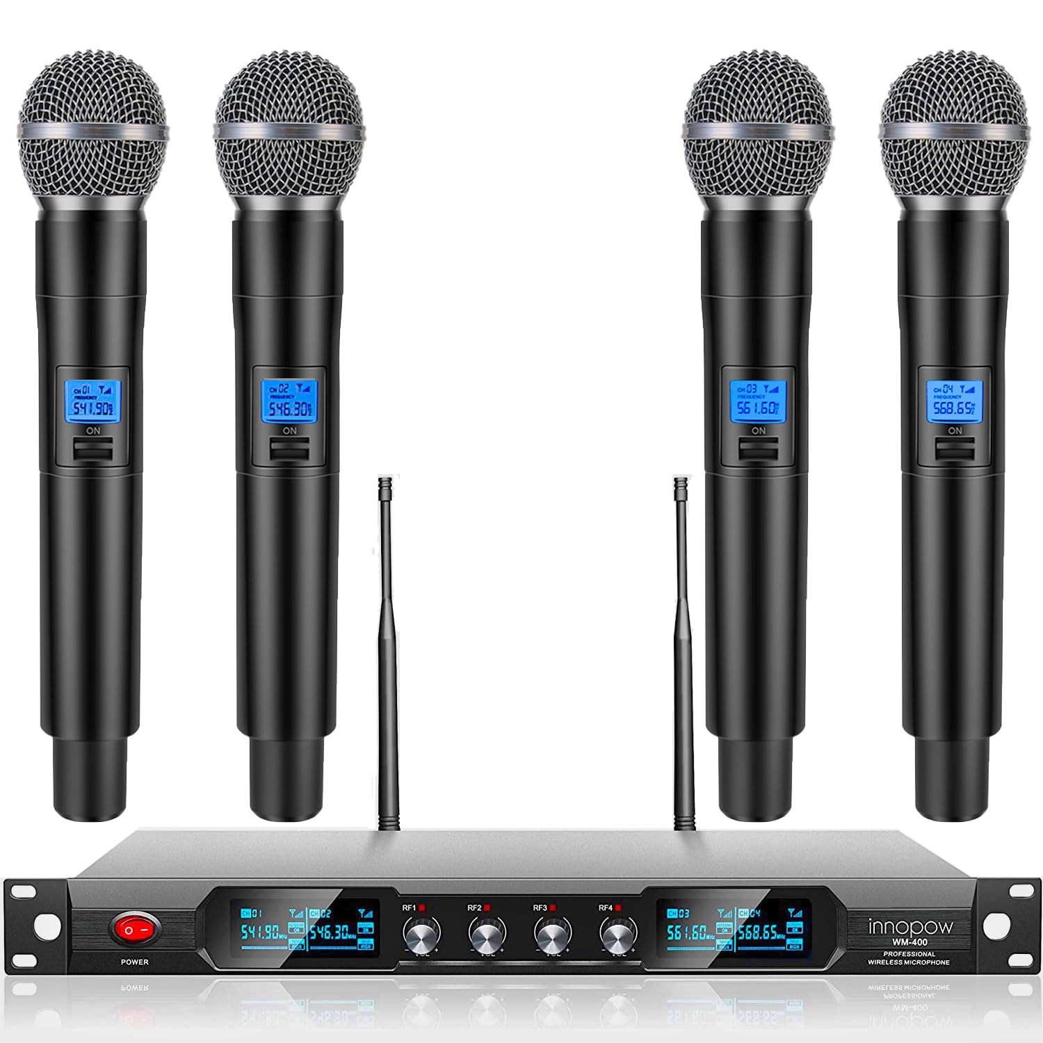 innopow 4-Channel Wireless Microphone System, Quad UHF Metal Cordless Mic, 2 Handheld Mics, 2 Bodypack Mics, Long Distance150-200Ft, Fixed Frequency, 16 Hours Use for Karaoke Singing, Church