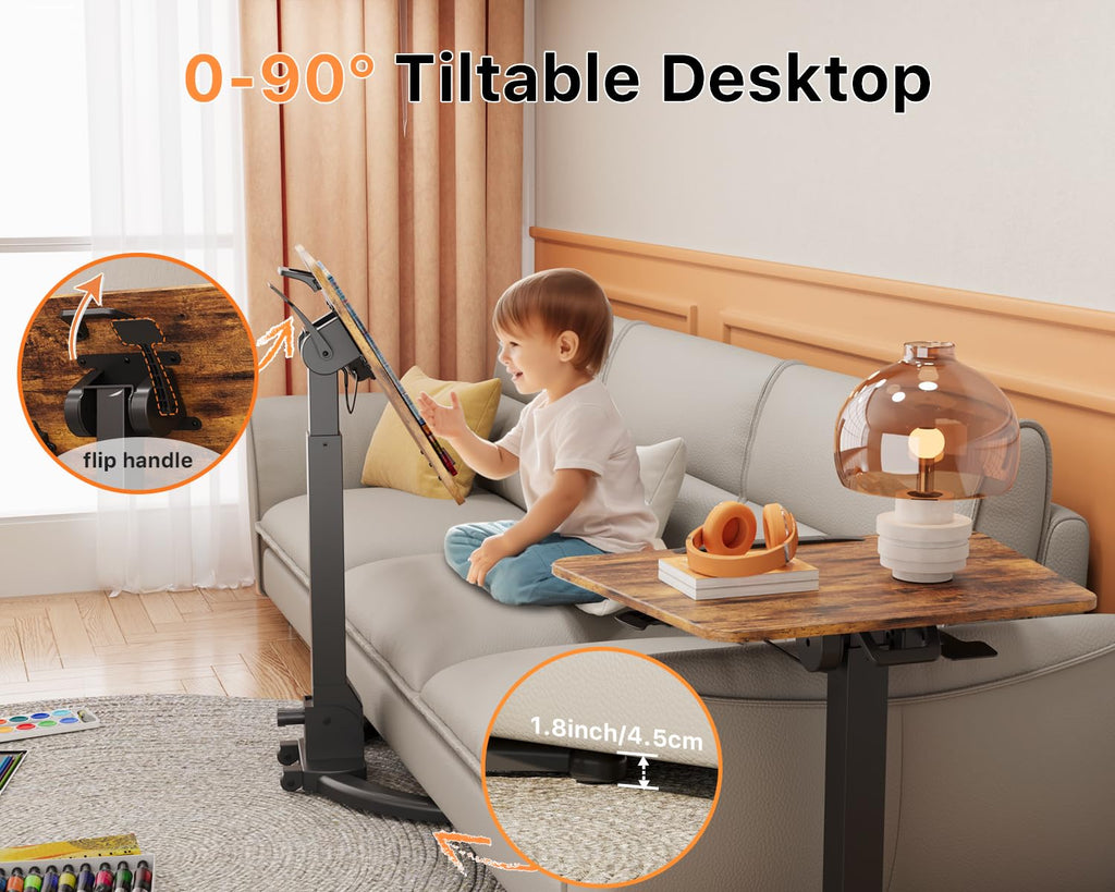 JOY worker Foldable Mobile Standing Desk, Height Adjustable Sit Stand Desk, 90° Tiltable Rolling Laptop Table, Portable Workstation with Non-Slip Mat for Home Office, Holds Up to 22lbs, Black