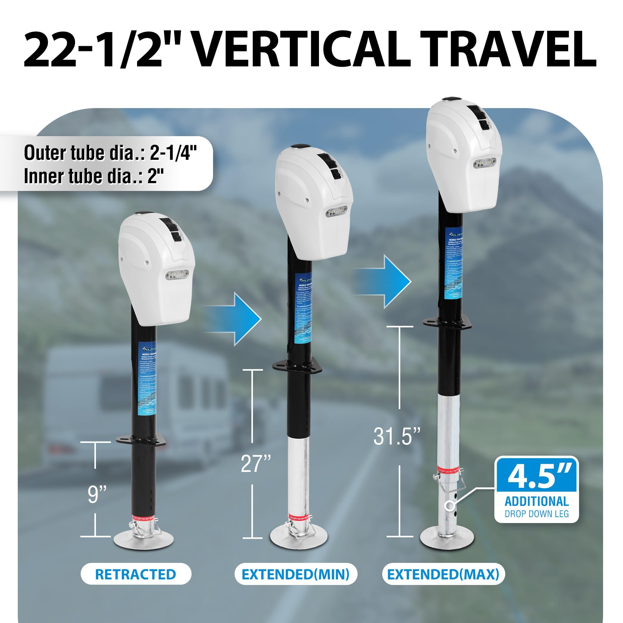 POLESTAR Electric Trailer Jack, 3500lbs Electric Power A- Frame Tongue Jack with Waterproof Protective Cover & LED Light for Travel Trailer Camper, RV, 12V DC with Hard Wiring, 9"-27" Lift