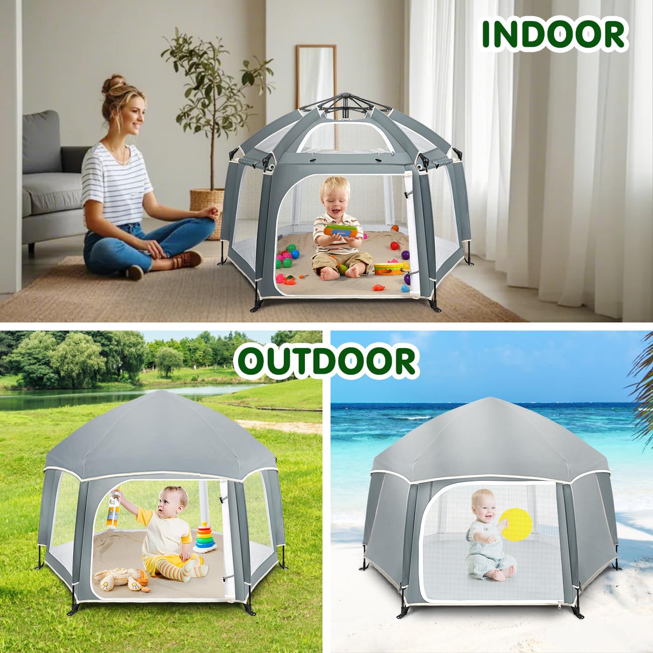 Pop Up Playpen for Baby, Portable Playpen for Babies and Toddlers with Removable Sun-Shades& 2 Side UV Covers, Lightweight Outdoor Baby Play-Pen for Beach Home with Travel Bag, Beige
