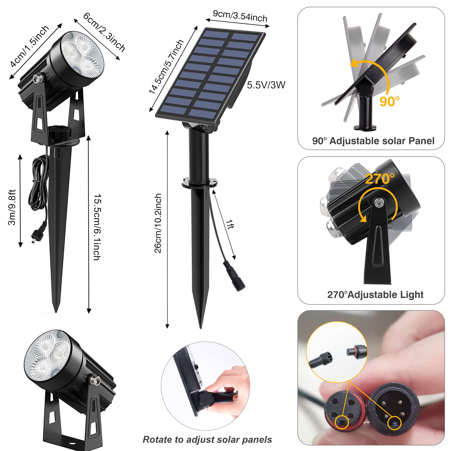 Solar Spot Lights Outdoor, Solar Landscape Spotlights IP65 Waterproof 9.8ft Cable,Auto On/Off Outdoor Wall Lights for Garden Yard Driveway Porch Walkway Pool (3000K Warm White)