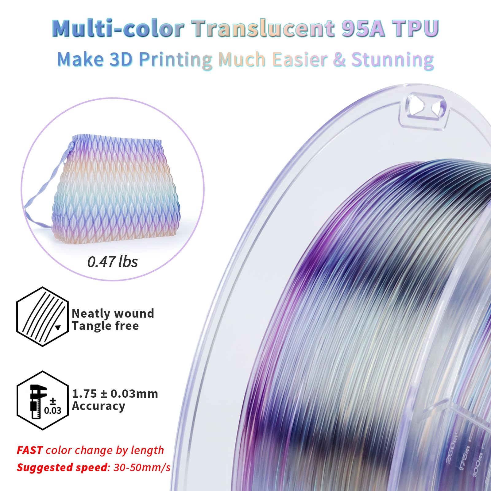 ZIRO TPU Filament 1.75mm 3D Printer Filament, Shore 95A Hardness TPU, Flexible Soft Material, 0.8KG/1.8lbs Spool, Fit Most FDM 3D Printers, Black