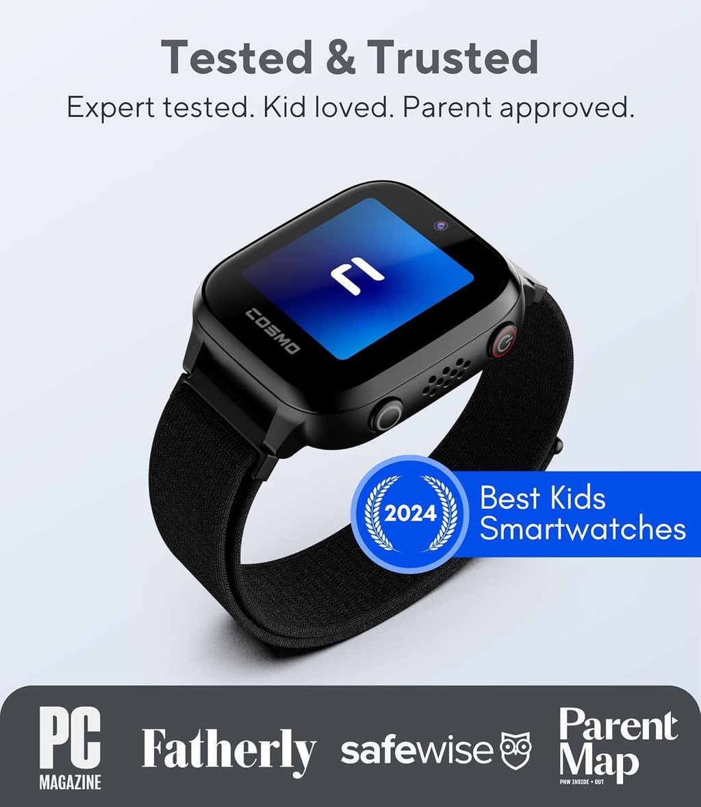 JrTrack 4 Kids Smart Watch by Cosmo | Phone Watch & GPS Tracker | Enhanced Parental Controls | Call, Text, Activity, School Lock | Spotify Music | SIM Card Included | SOS & Safety Alerts | (Black)