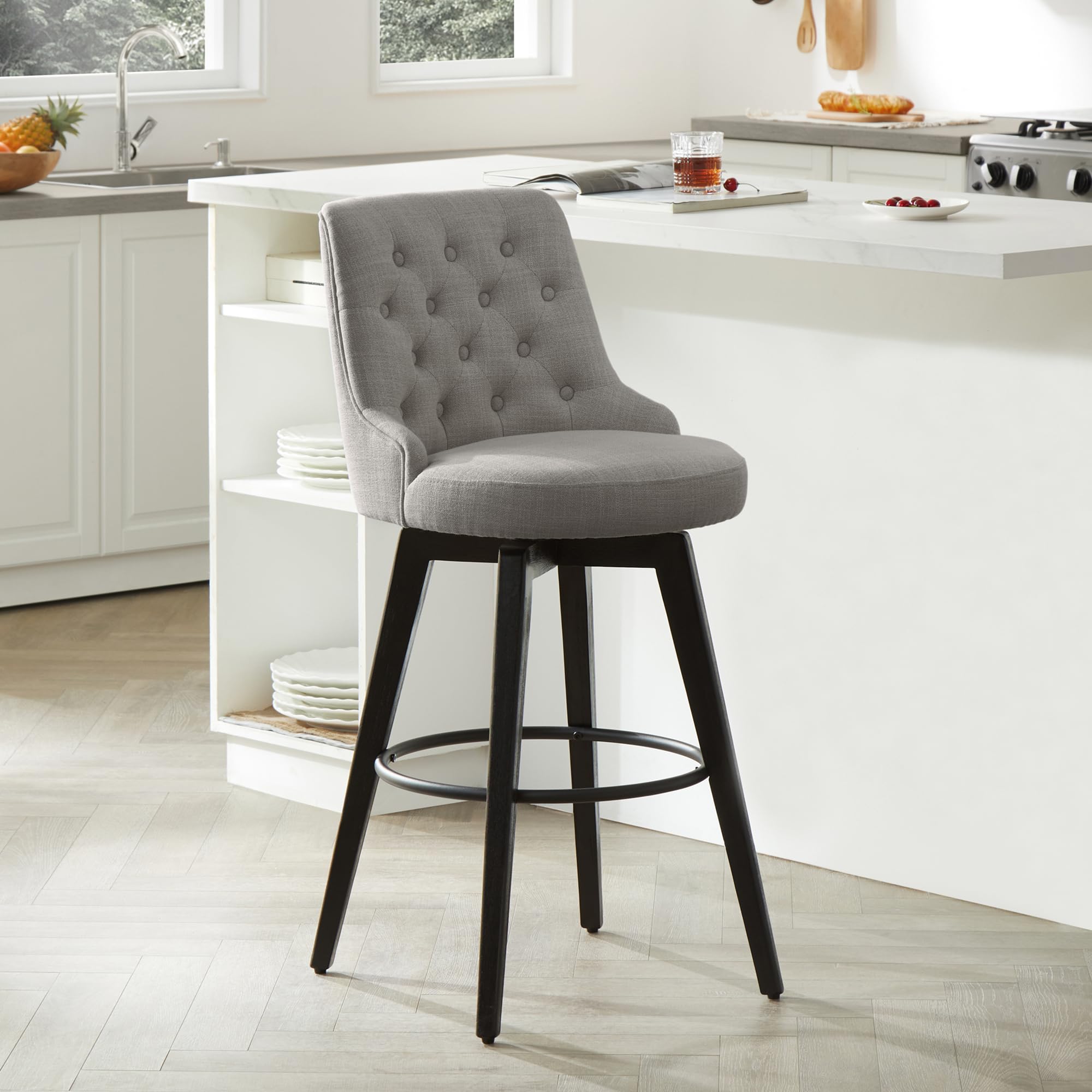 Watson & Whitely Counter Height Bar Stools, Performance Fabric Upholstered Modern Swivel Barstool with Back, Solid Wood Legs, 26" H Seat, Flint Grey