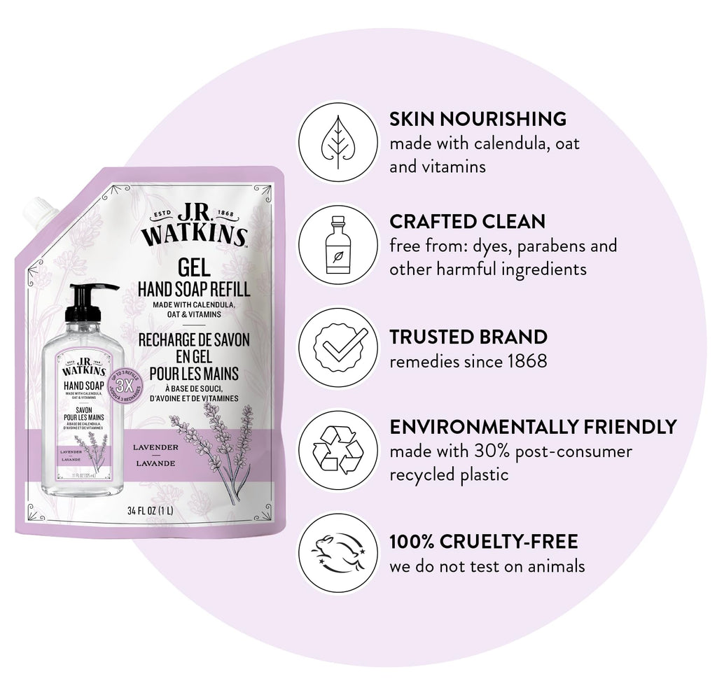 J.R. Watkins Gel Hand Soap Refill, Moisturizing Hand Wash, Formulated with Plant-Based Cleansers, Alcohol-Free, Cruelty-Free, Aloe & Green Tea, 34 Fl Oz, 2 Pack