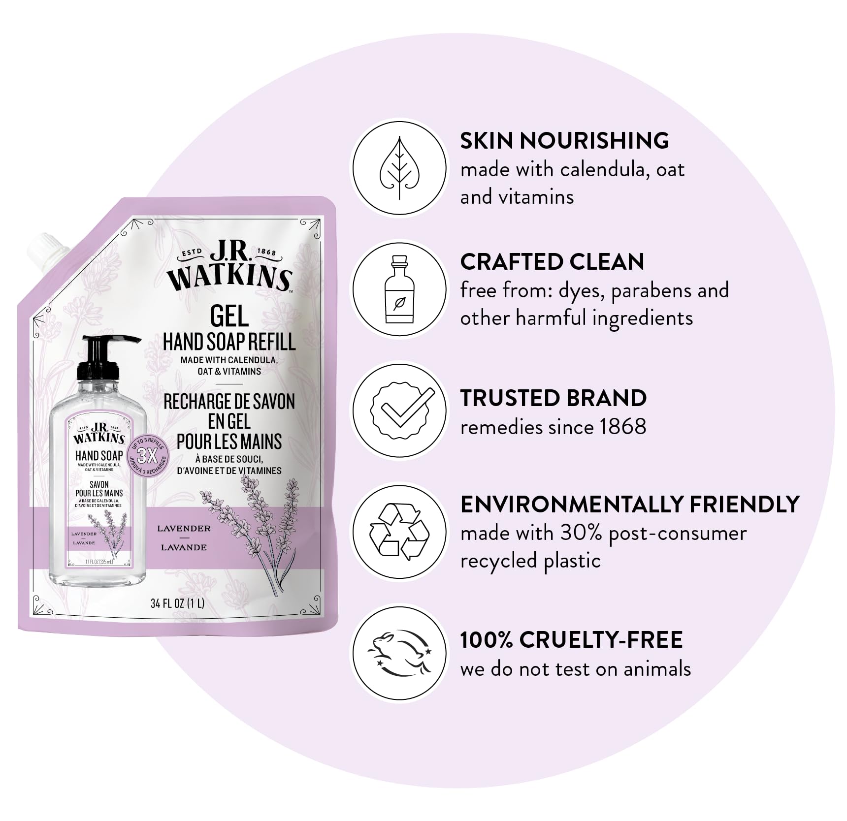 J.R. Watkins Gel Hand Soap Refill, Moisturizing Hand Wash, Formulated with Plant-Based Cleansers, Alcohol-Free, Cruelty-Free, Aloe & Green Tea, 34 Fl Oz, 2 Pack