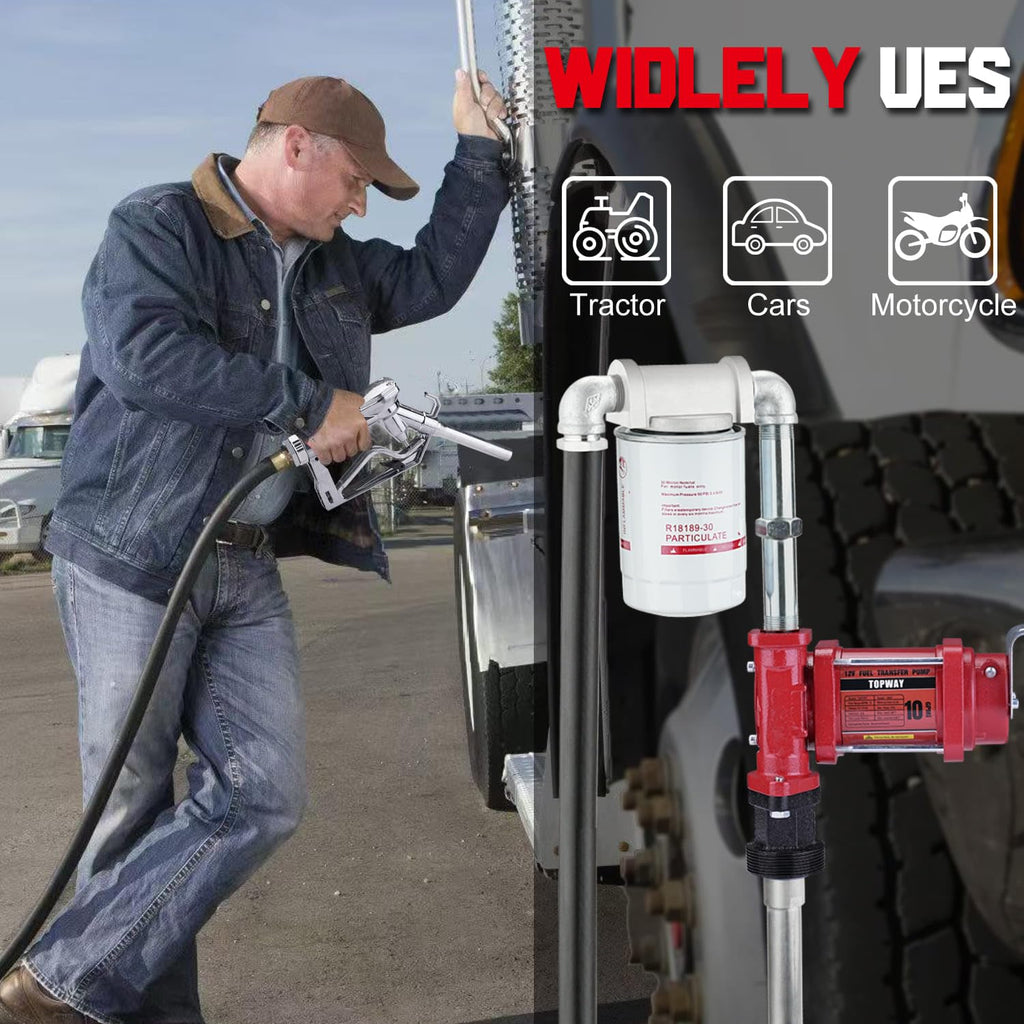 TOPWAY 12V DC Gasoline Fuel Pump 3.7GPM Self-priming Oil Transfer Pump With Handle, Reversible Pumping, Overheat Protection, Explosion-Proof, Built-in Bypass, for Gasoline Fuel Diesel Kerosene Removal