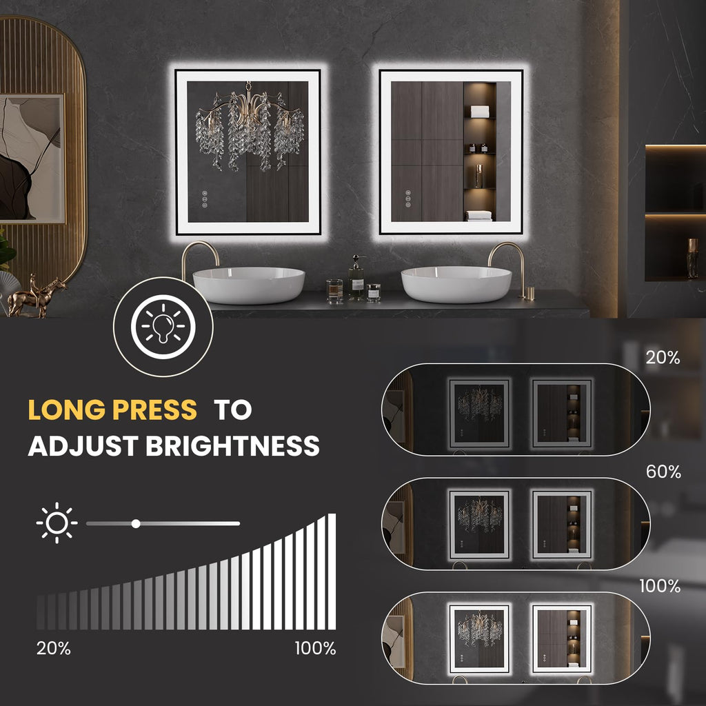 LOAAO 20"X28" LED Bathroom Mirror Black Framed | Anti-Fog, Dimmable, Memory Function, Tempered Glass, Lighted Vanity Mirror for Wall