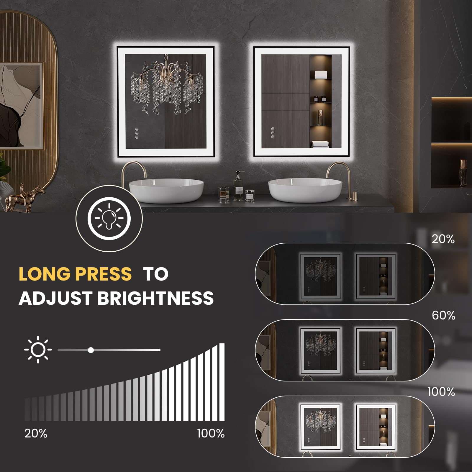 LOAAO 20"X28" LED Bathroom Mirror Black Framed | Anti-Fog, Dimmable, Memory Function, Tempered Glass, Lighted Vanity Mirror for Wall