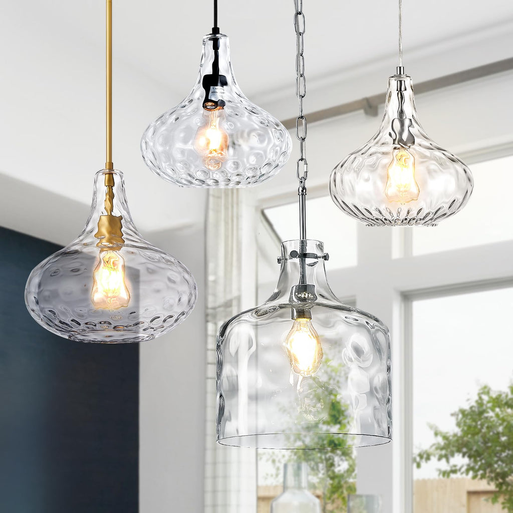 Glass Large Pendant Lights for Kitchen Island Blown Glass Pendant Light Clear Hammered Shade Hanging Ceiling Lights with Black Finish for for Kitchen Island, Sink, Hallway, Living Room 11 inch