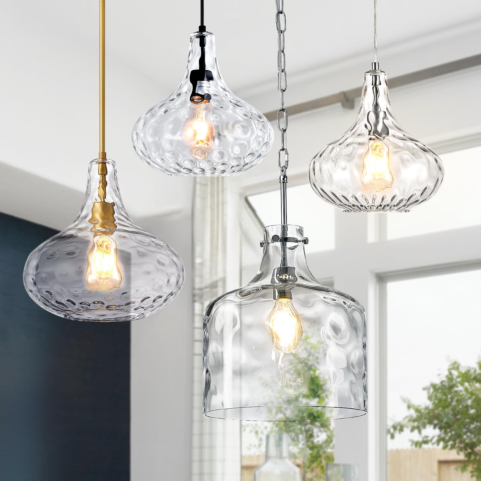 Glass Large Pendant Lights for Kitchen Island Blown Glass Pendant Light Clear Hammered Shade Hanging Ceiling Lights with Black Finish for for Kitchen Island, Sink, Hallway, Living Room 11 inch