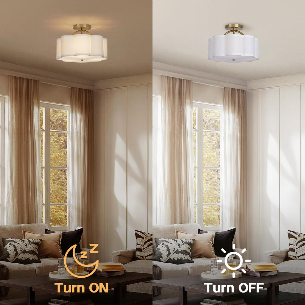 CALOKES Semi Flush Mount Ceiling Light, 11.8" Modern 3-Light Fixture with Petal-Shaped Cream White Fabric Shade and Golden Support Arm, Ideal for Bedroom, Kitchen, Living Room, Hallway, and Entryway