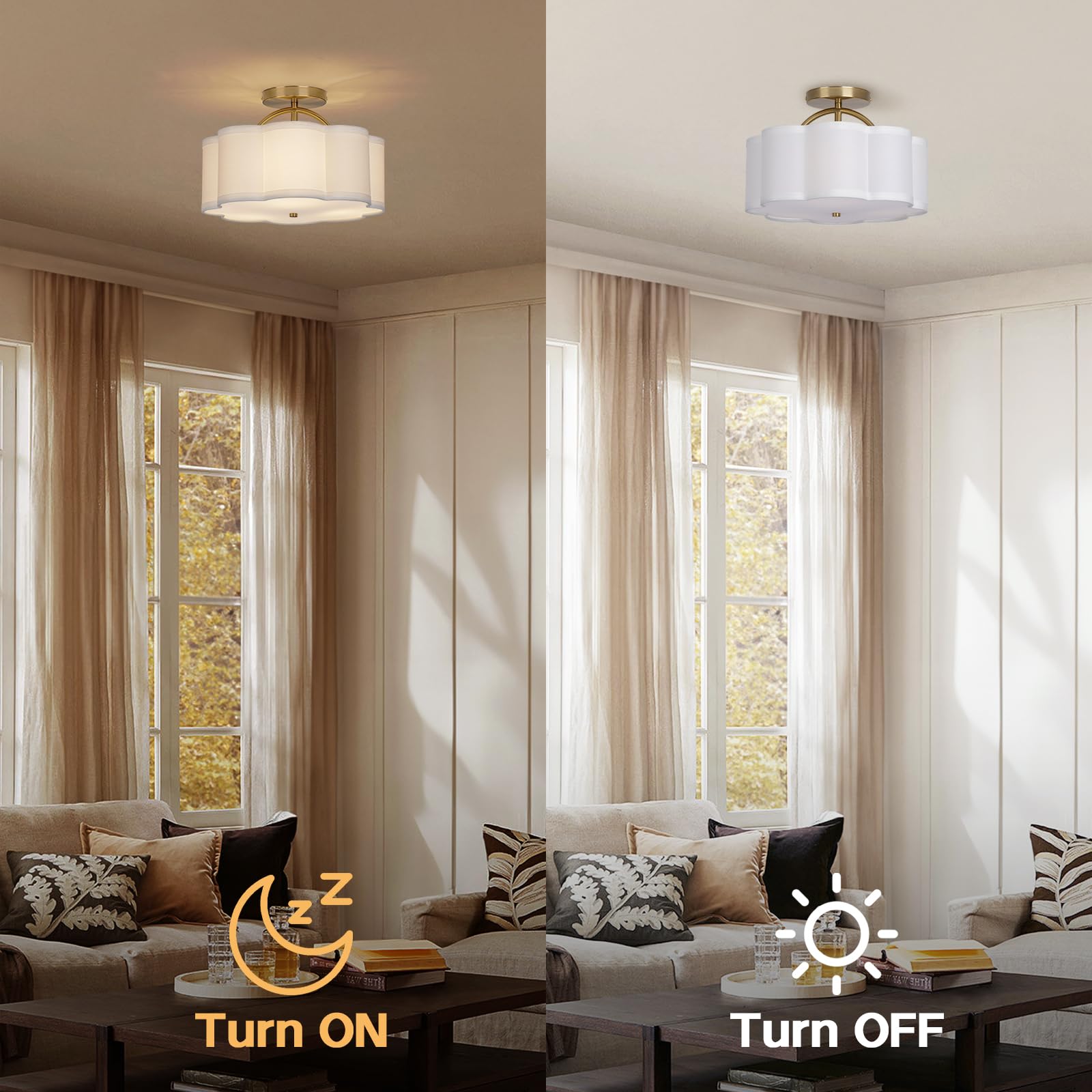 CALOKES Semi Flush Mount Ceiling Light, 11.8" Modern 3-Light Fixture with Petal-Shaped Cream White Fabric Shade and Golden Support Arm, Ideal for Bedroom, Kitchen, Living Room, Hallway, and Entryway