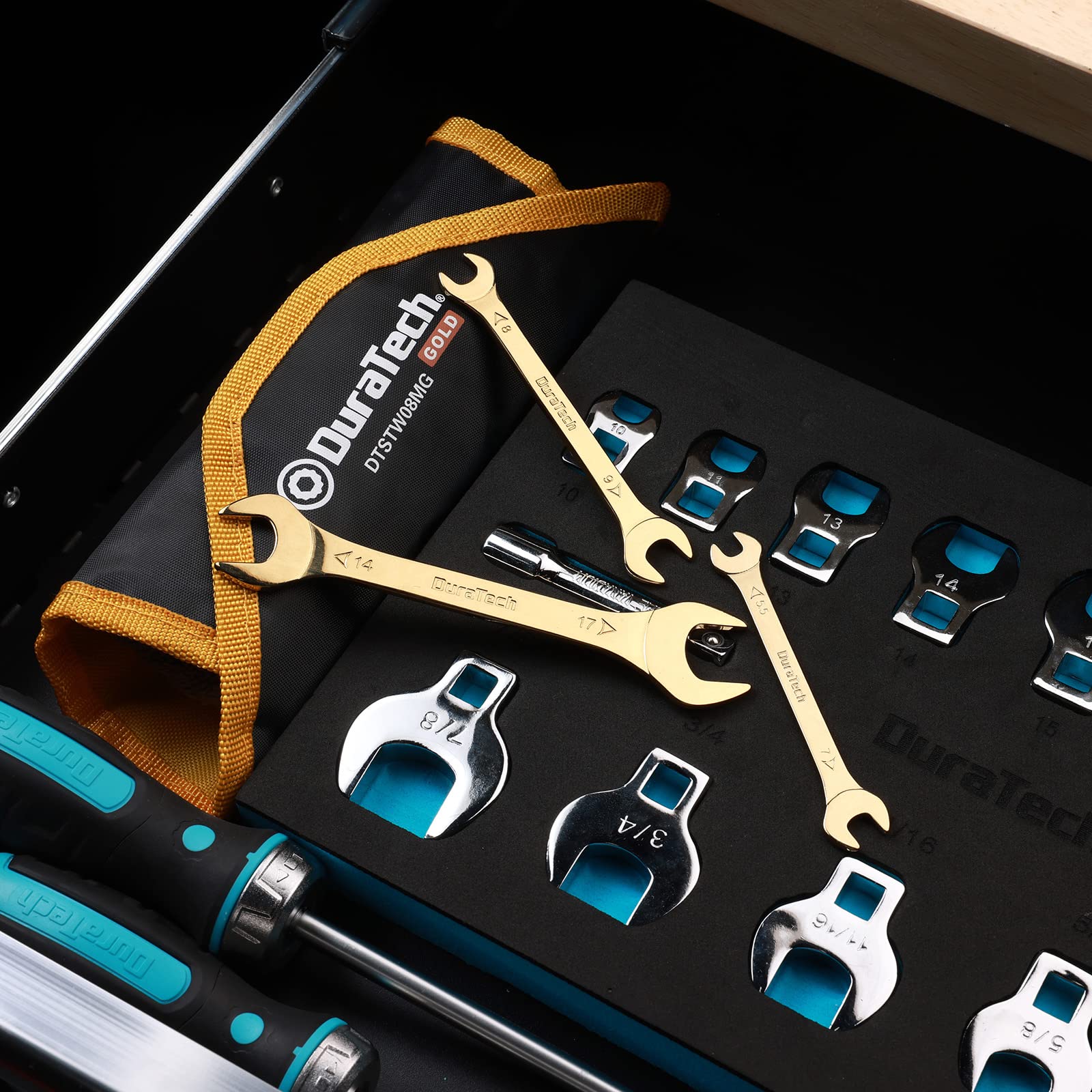 DURATECH Super-Thin Open End Wrench Set, Metric, 8-Piece, 5.5mm to 27mm, Black Electrophoretic Coating, with Rolling Pouch