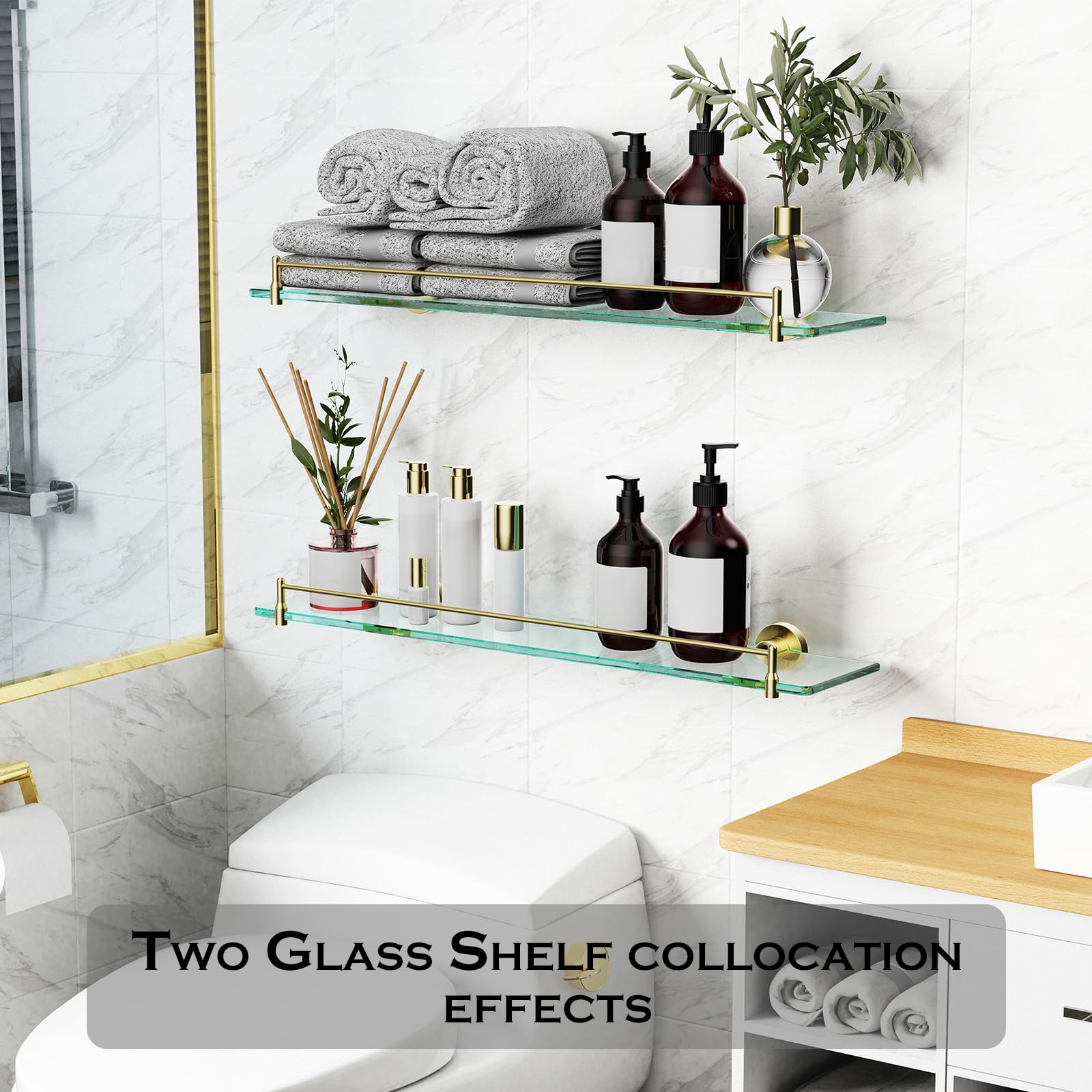 Glass Bathroom Shelves,Brushed Gold Floating Shelves for Wall Rectangular Modern Stainless Steel Glass Shelf for Bathroom Shelves wall Mounted 16 Inch