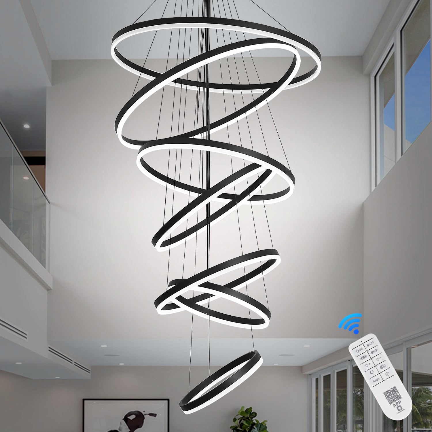 5-Rings Modern LED Chandelier Black Dimmable High Ceiling Chandelier for Dining Room with Remote Control for Foyer Living Room Entryway Staircase(D23.6’’, 3000K-6500K)