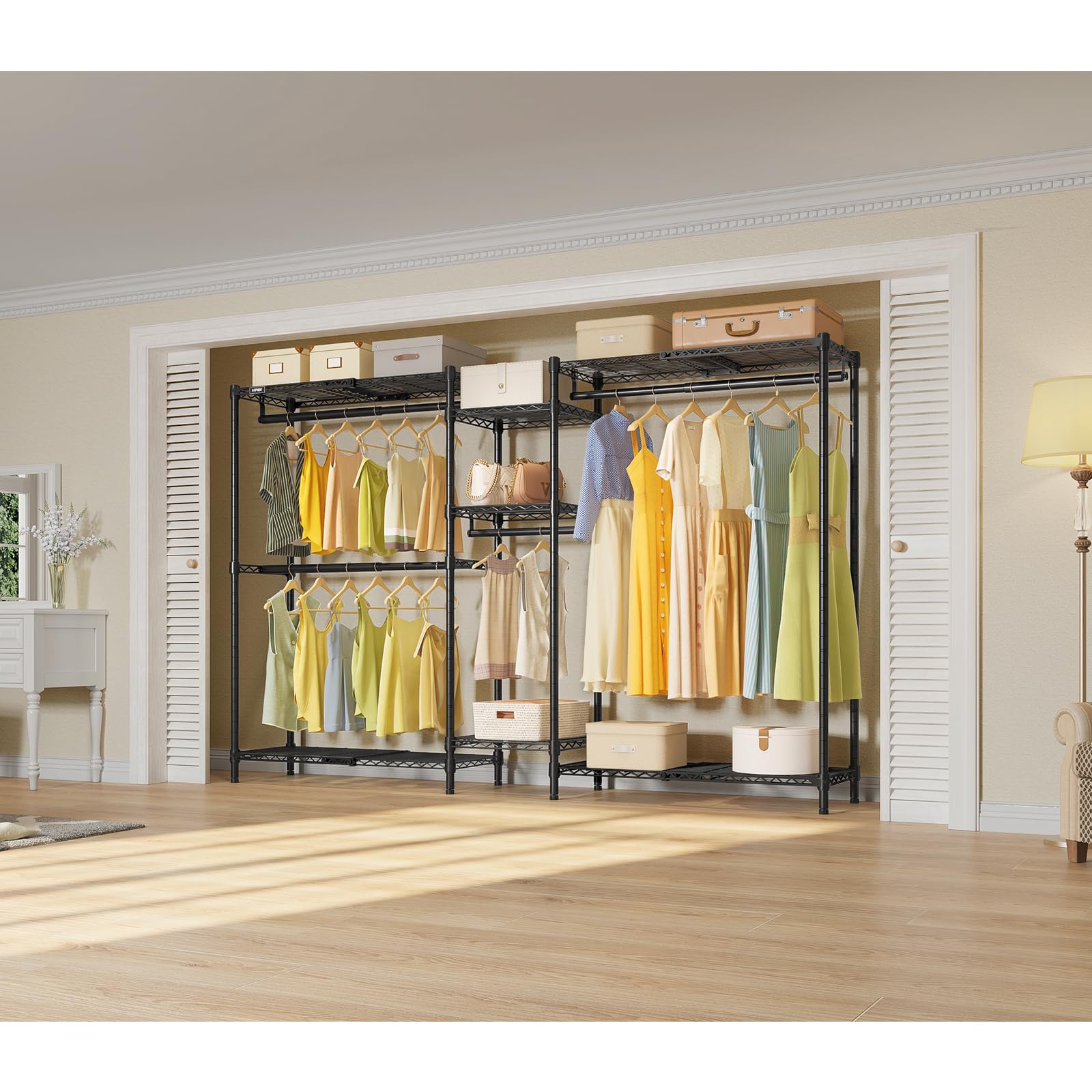VIPEK Classic V6 Heavy Duty Clothes Rack, 7-Tier Garment Rack with Adjustable Shelves, Portable Closet Organizer with 4 Hanging Rods, Space-Saving, 850lbs Capacity, 68.9" L x 15.7" W x 76.4" H, Black