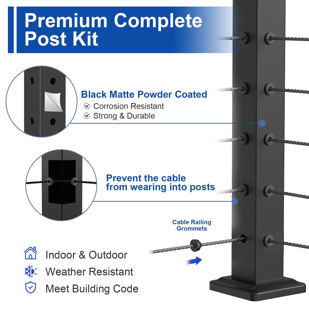 BLIKA 36" Cable Railing Corner Post, 304 Stainless Steel, 2-Side Drilled Adjustable Top Corner Post, Surface Mount Matte Black Cable Railing System Corner Post