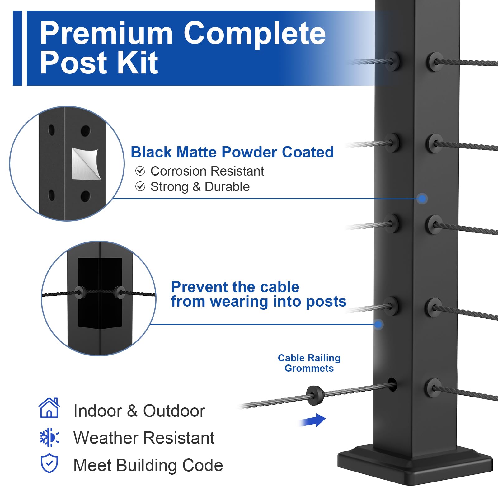 BLIKA 36" Cable Railing Corner Post, 304 Stainless Steel, 2-Side Drilled Adjustable Top Corner Post, Surface Mount Matte Black Cable Railing System Corner Post