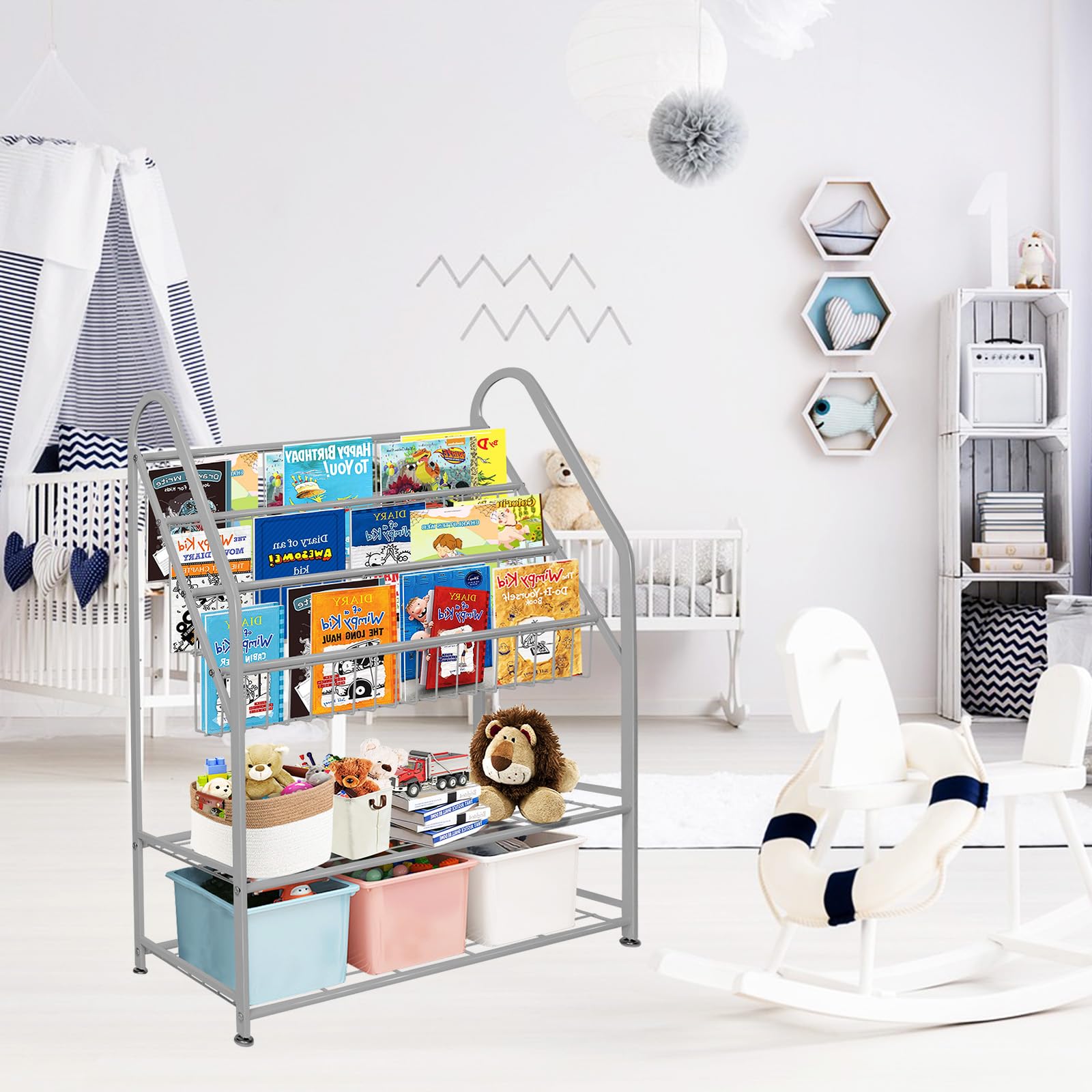 aboxoo Metal Kids Bookshelf Black Large Freestanding for Children Room 32 in Toy Organizer Large Stable Bookcase Bookstore Library Book Unit Storage Kids Bed Living Room