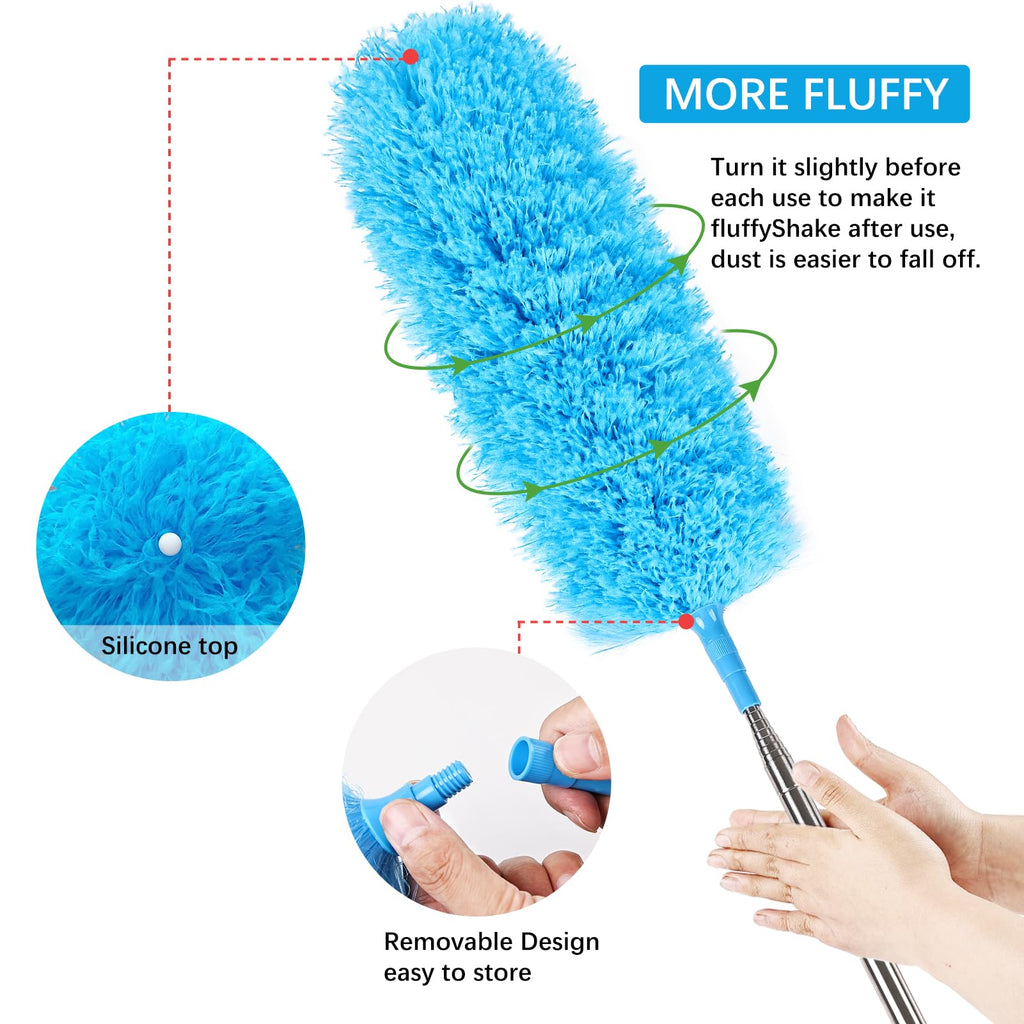 Ceiling Fan Cleaner Duster Reusable Microfiber Removable Duster with Extension Pole Adjusts 12 to 71 Inch for Cleaning Walls Bookshelves Furniture Door Window Top (Blue)