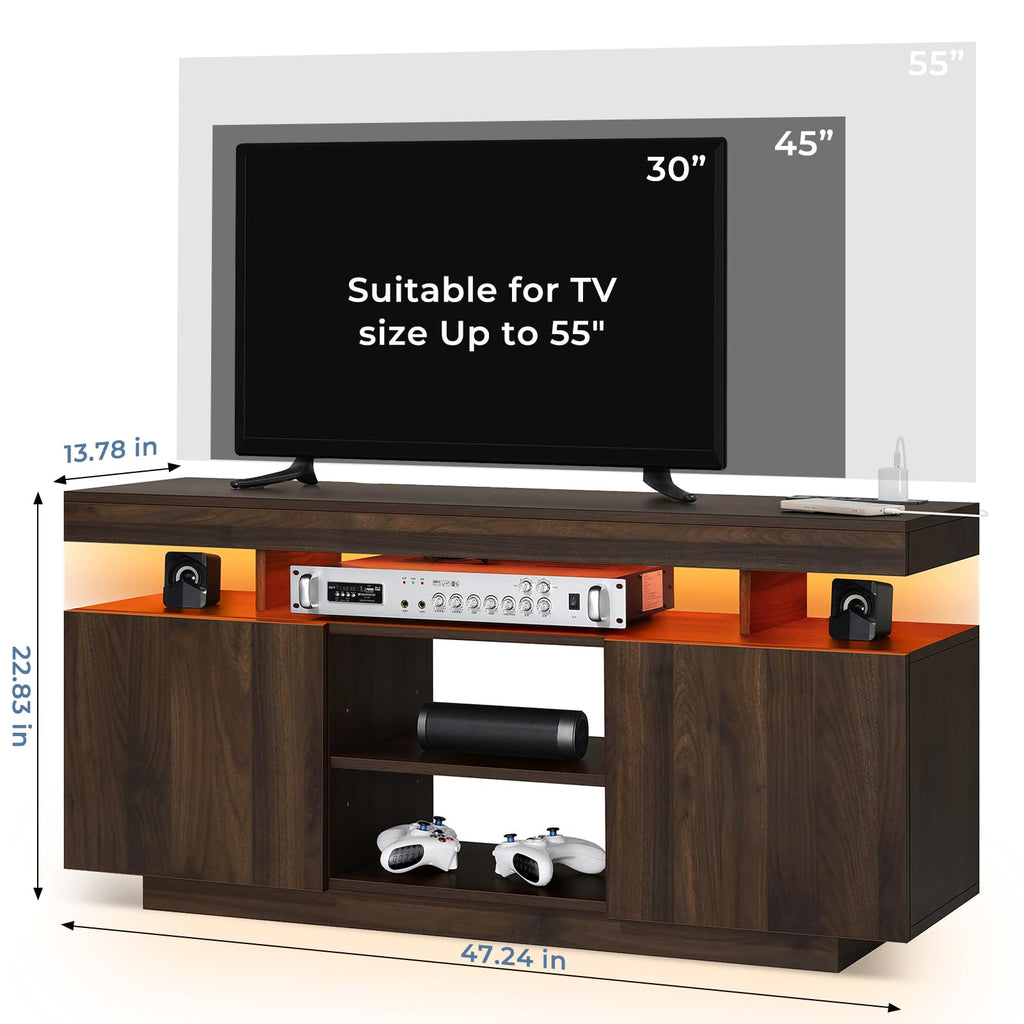 HOMMPA Modern LED TV Stand for 55 Inch TV, Black Tall TV Console with Power Outlet, Entertainment Center with Storage, High Gloss Gaming Media Console Cabinet for Living Room (47 Inch)