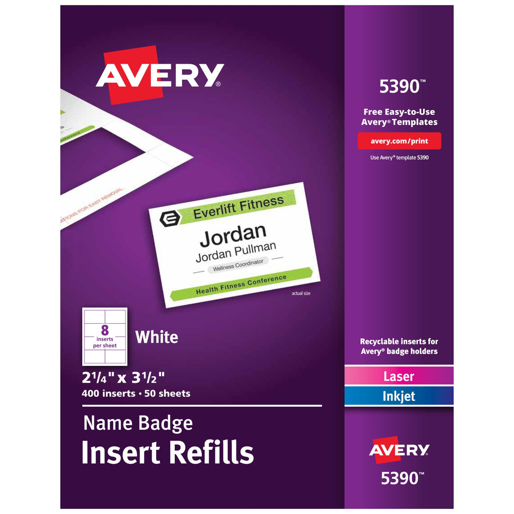 Avery Customizable Name Badge Inserts, 2.25" x 3.5", White, 400 Printable Name Tag Inserts (5390), Pack of 5