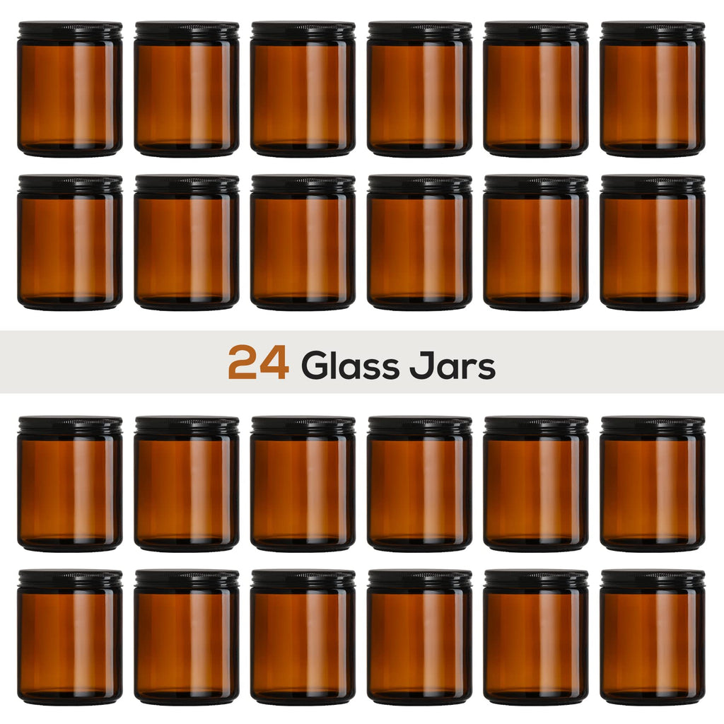 12 Pack, 8 OZ Dark Amber Candle Jars for Making Candle - Thick Glass Jars with 12 Metal & 12 Plastic Lids - Empty Round Food Storage Containers, Canning Jar For Spice, Liquid, Sample - Food Grade