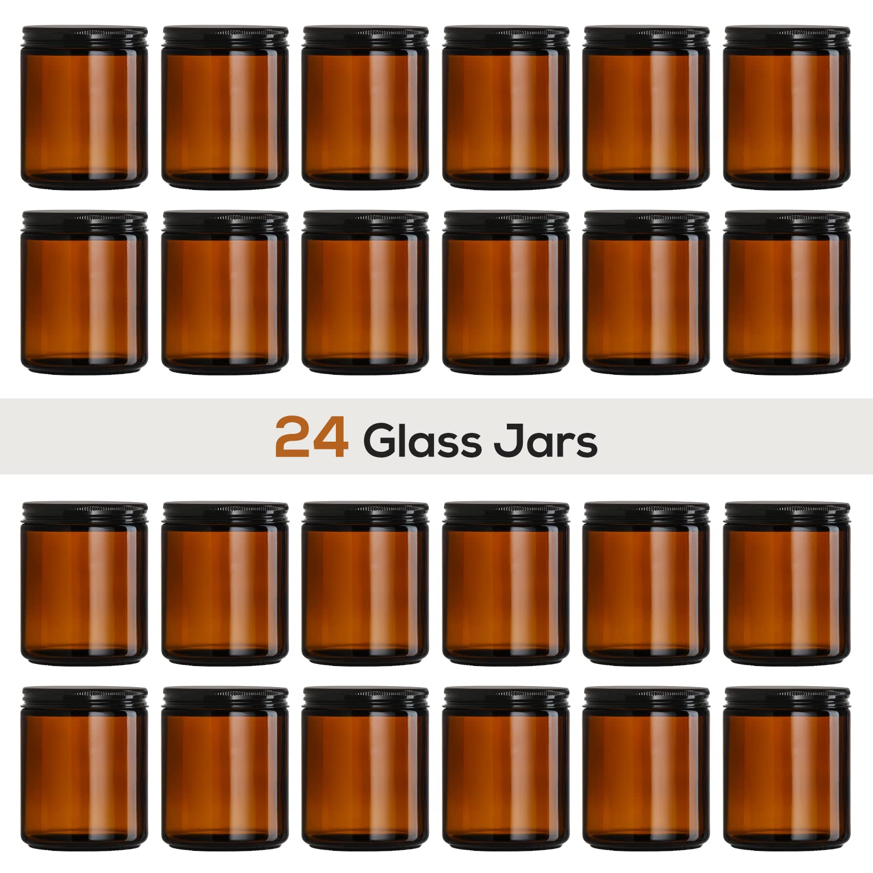12 Pack, 8 OZ Dark Amber Candle Jars for Making Candle - Thick Glass Jars with 12 Metal & 12 Plastic Lids - Empty Round Food Storage Containers, Canning Jar For Spice, Liquid, Sample - Food Grade