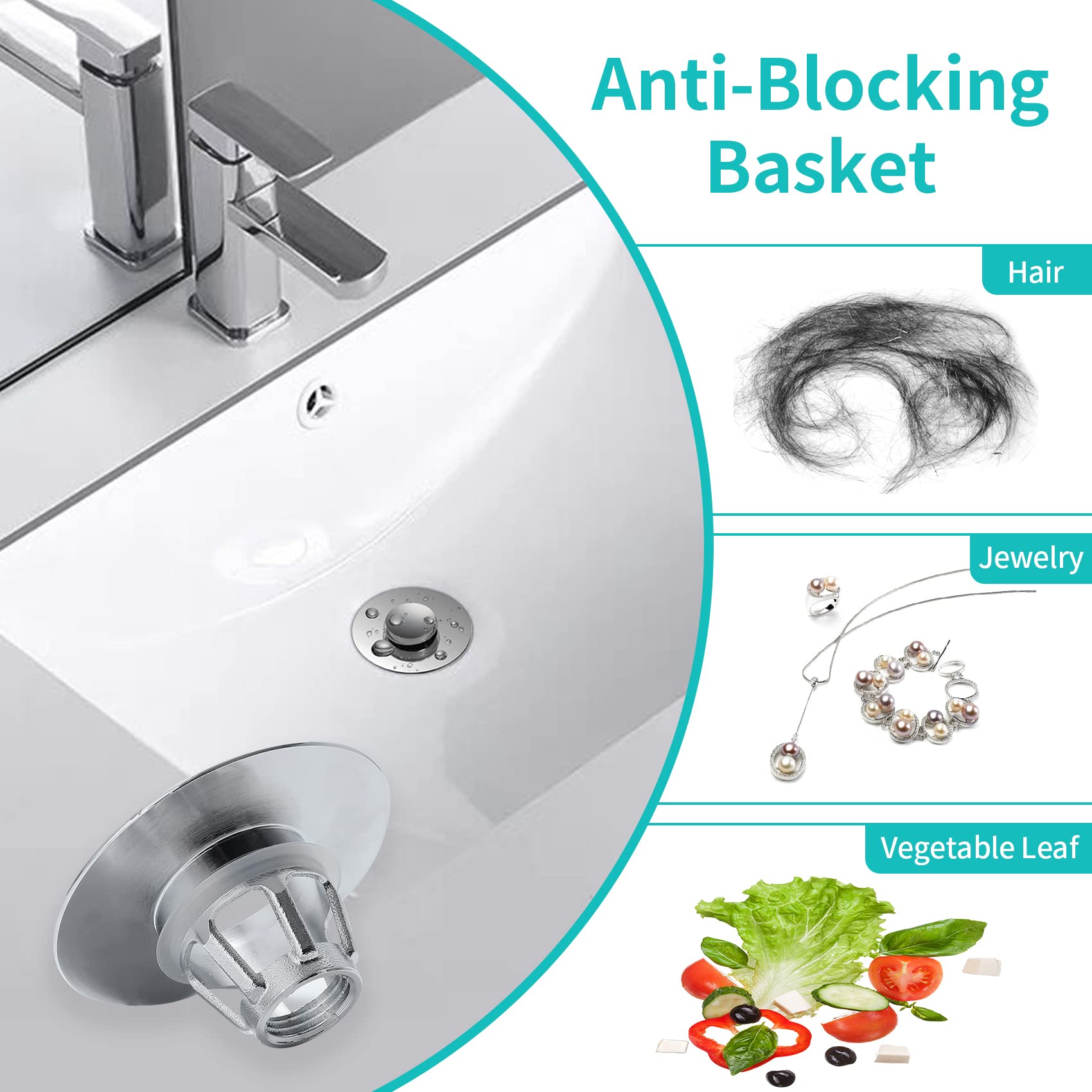 Universal Bathroom Sink Stopper with Hair Catcher, for 1.04-1.97 Inch Drain Hole, Spring Core Bathtub Drain Cover, Pop Up Sink Plug Basin Drain Strainer, Large Lid Black