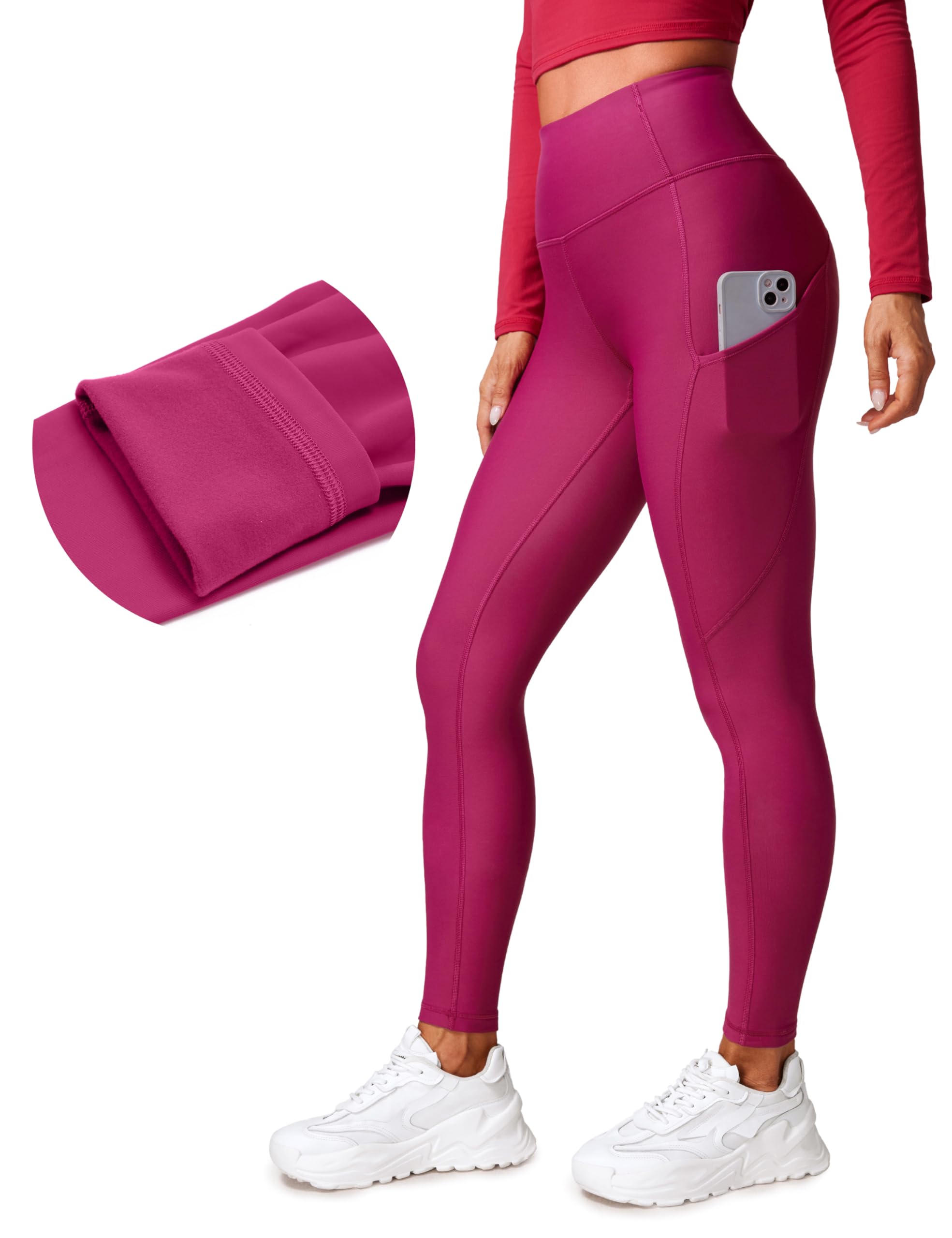 CRZ YOGA Fleece Lined Leggings Pockets 28'' - Thermal Casual Lounge Workout Womens Yoga Full Length Pants Winter Warm