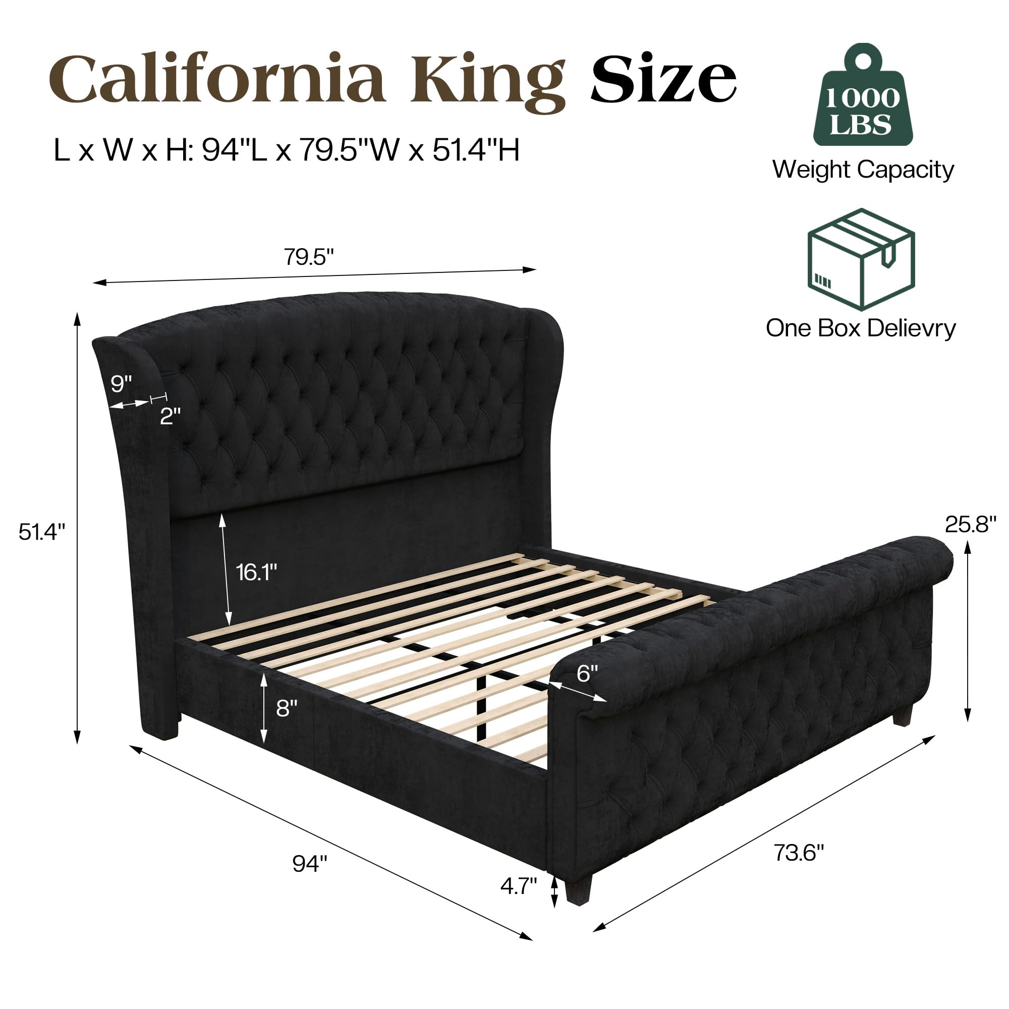 LUXOAK Queen Size Platform Bed Frame, Velvet Upholstered Sleigh Bed with Curved Headboard & Footboard, Deep Button Tufted, Wood Slats Support, No Box Spring Needed, Black