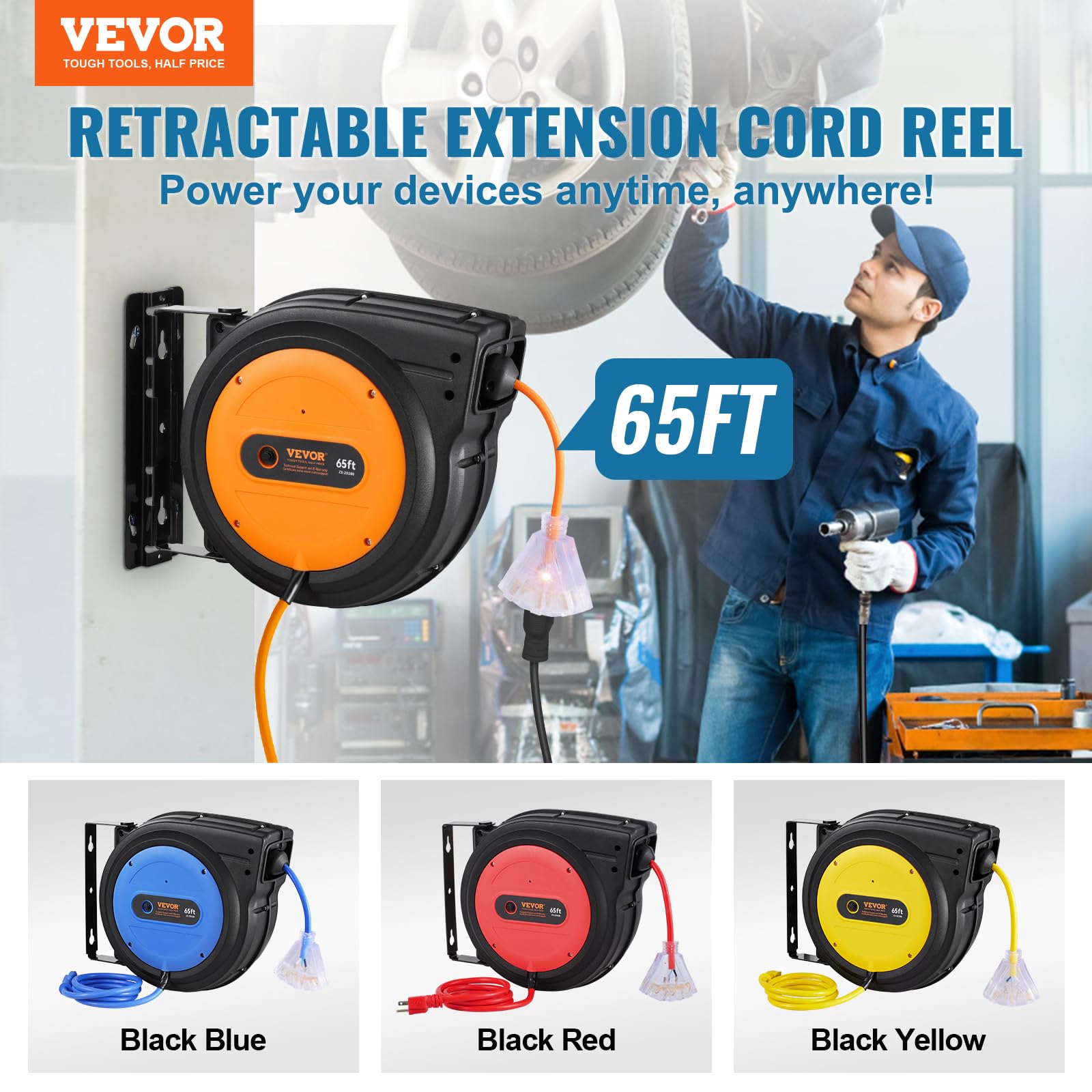 VEVOR Retractable Extension Cord Reel, 30 FT, Heavy Duty 16AWG/3C SJTOW Retractable Power Cord Reel with Lighted Triple Tap Outlet 10 Amp Circuit Breaker 4.5FT Lead-in Cord, for Ceiling or Wall Mount