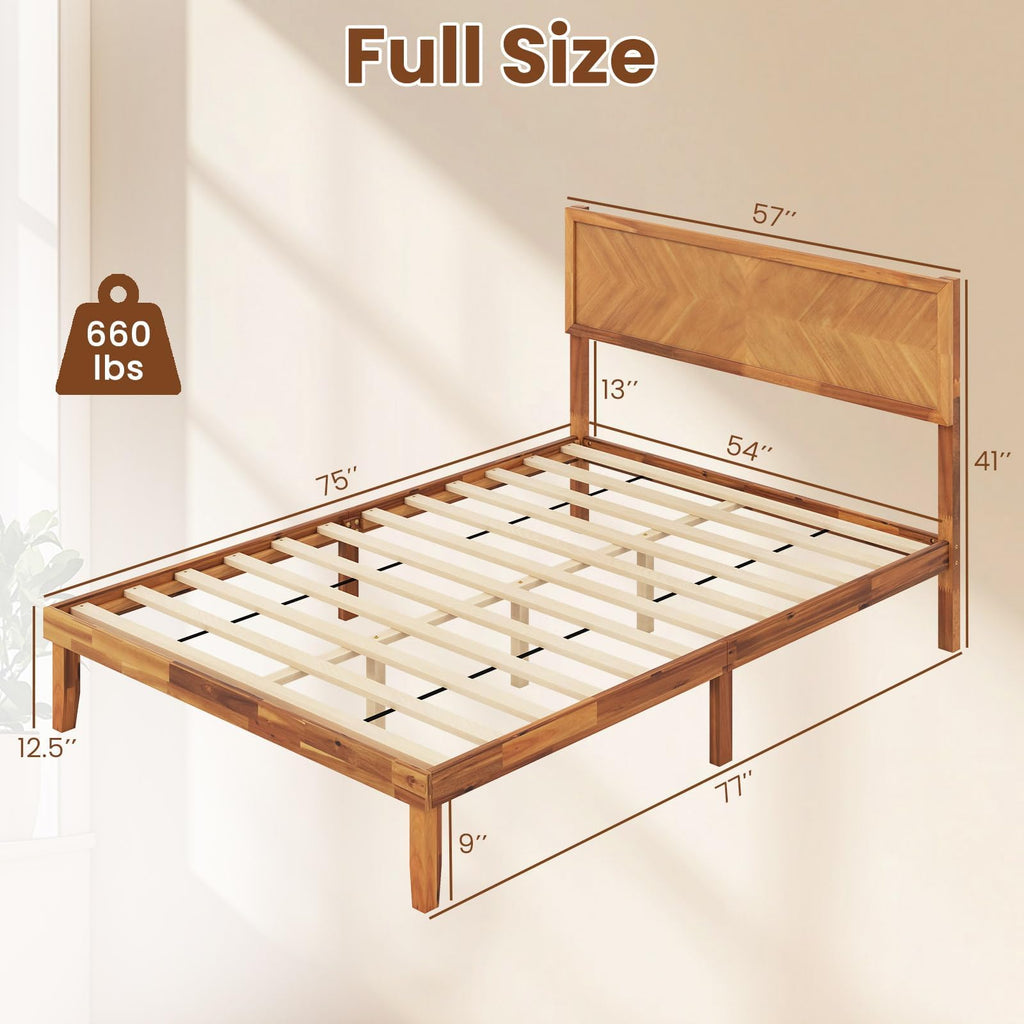 Giantex Wood Twin Bed Frames with Headboard, Solid Acacia Wood Platform Bed with 12 Strong Wooden Slat Support, Scandinavian Style Art Deco Twin Size Bed Frame, No Box Spring Needed, Rustic Brown