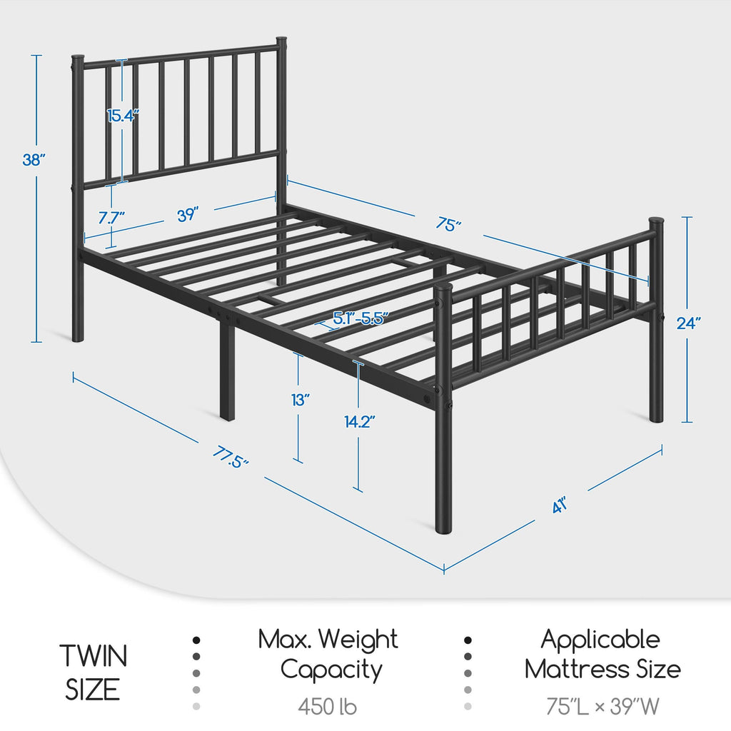Yaheetech Twin Bed Frame Metal Platform Bed Frame Mattress Foundation with Spindle Headboard & Footboard/No Box Spring Needed/14 Inch Underbed Storage/Firm Support & Easy Set up Structure, Black