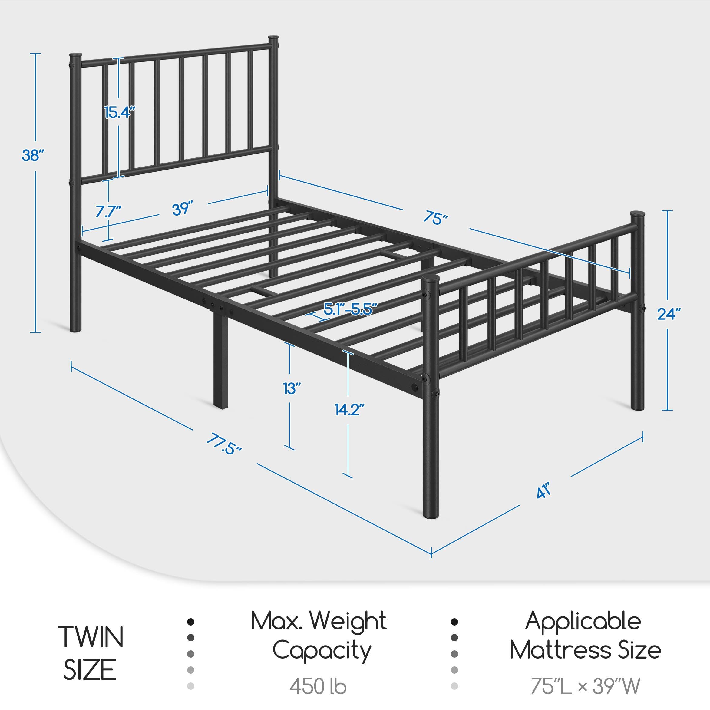 Yaheetech Twin Bed Frame Metal Platform Bed Frame Mattress Foundation with Spindle Headboard & Footboard/No Box Spring Needed/14 Inch Underbed Storage/Firm Support & Easy Set up Structure, Black