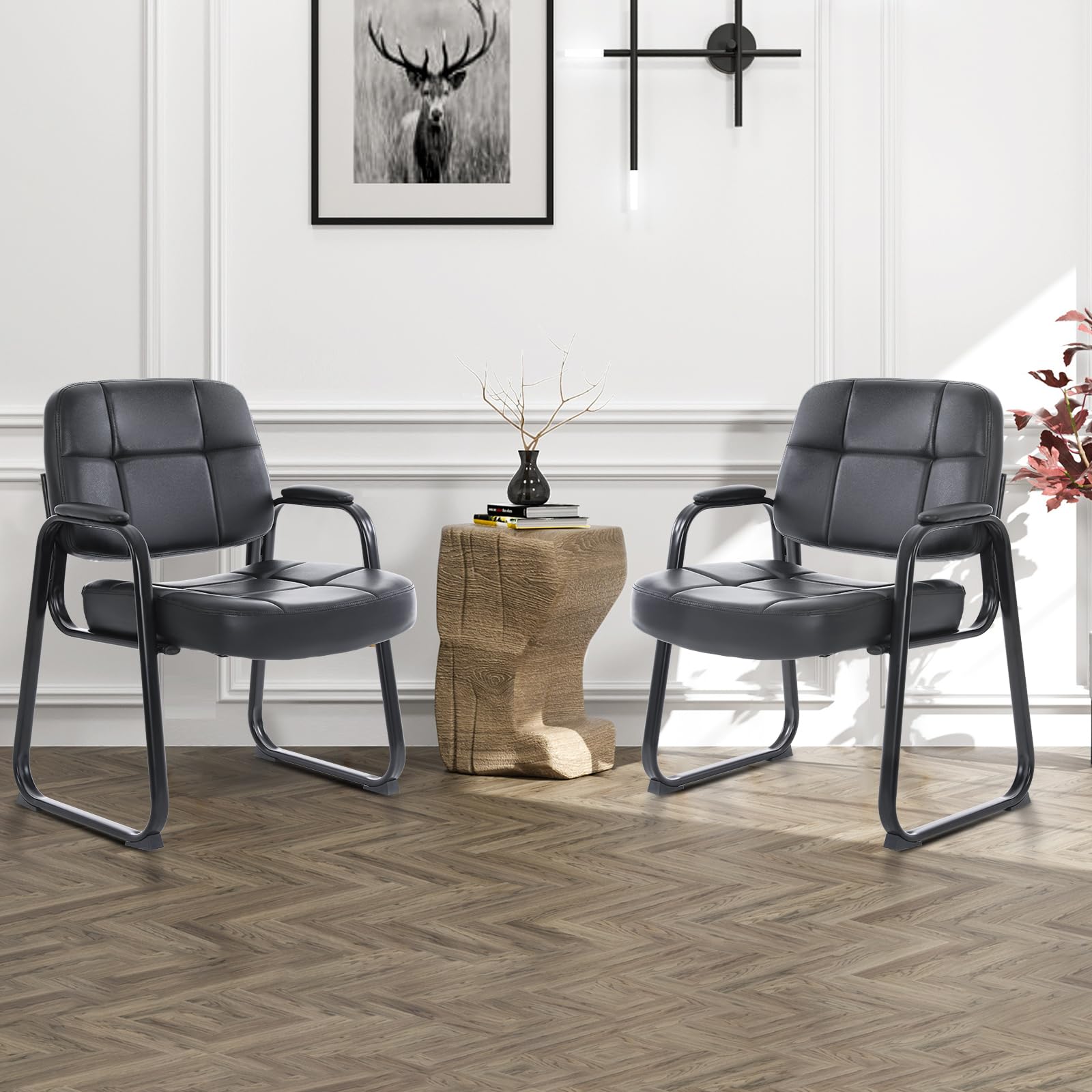 CLATINA Big & Tall 500 lbs Leather Office Reception Chair No Wheels with Padded Arms, Waiting Room Guest Chair for Elderly Home Desk Conference Room Lobby Side Salon Clinic, Black