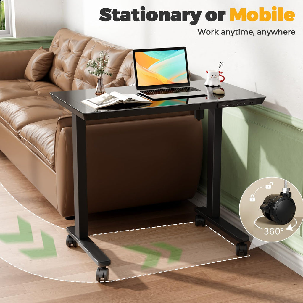 Glass Electric Standing Desk with Drawer, 35" x 20" Whole Piece Tabletop Samll Sit Stand Table, Height Adjustable Workstation with Storage & USB Ports, Quick Install Home Office Desk