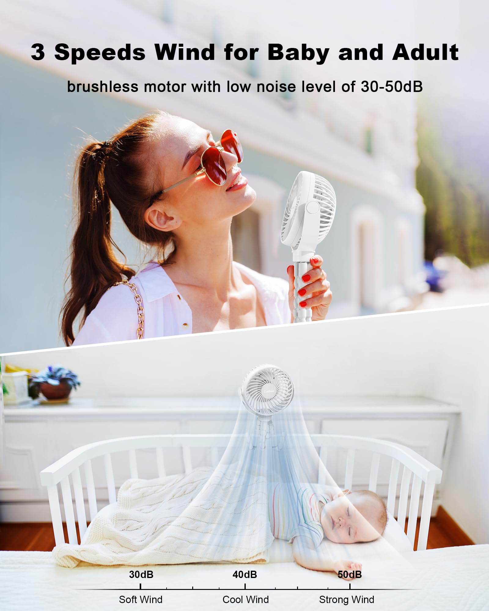 Coohea Stroller Fan Clip on for Baby, 4000mAh Rechargeable Battery Operated, Flexible Tripod, 3 Wind Speed, 360° Rotatable, Small Cooling Portable Fan for Car Seat Crib Golf Cart Bike Treadmill, Black