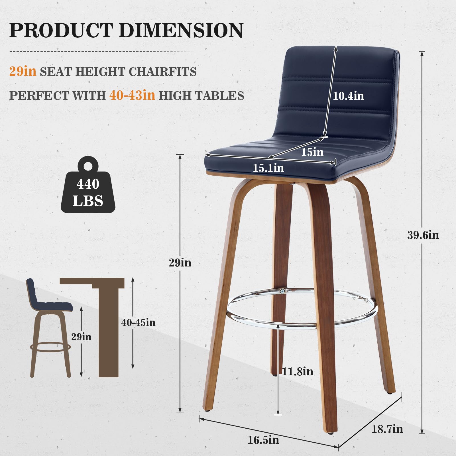 Bar Stools 29 Inch Bar Height, Swivel Bar Stools with Backs Upholstered PU Leather Barstool, L Shape Back and Padded Seat, Mid-Century Modern Bar Stool Pub Chairs for Kitchen Counter Island, Black