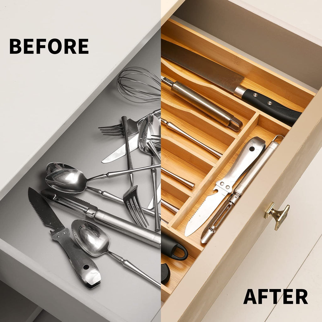 Expandable Acacia Kitchen Drawer Organizer for Cutlery and Utensils, Adjustable Acacia Wood Cutlery Tray in Drawer for Flatware and Silverware in Kitchen