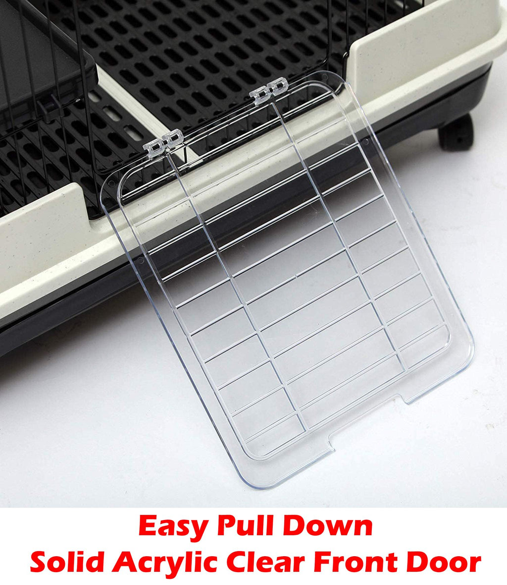 Deluxe 2-Level in/Outdoor Rabbit Hutch Cage for Ferret Squirrel Chinchilla Paw Safe Solid Platform Ramp Mesh Floor Pull Out Leakproof Easy Clean 2-Inch Deep Tray Large Access Doors Lockable Casters