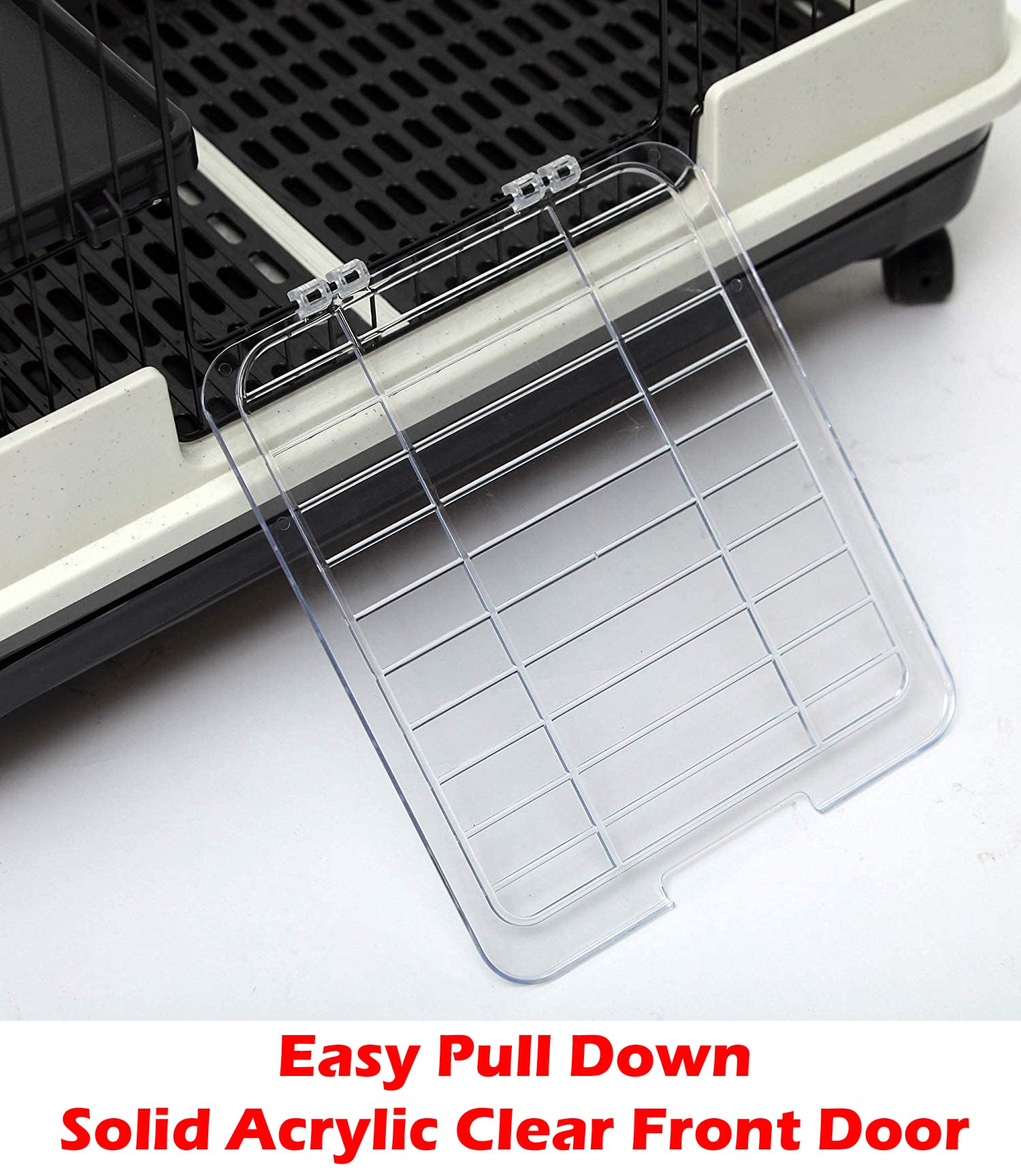 Deluxe 2-Level in/Outdoor Rabbit Hutch Cage for Ferret Squirrel Chinchilla Paw Safe Solid Platform Ramp Mesh Floor Pull Out Leakproof Easy Clean 2-Inch Deep Tray Large Access Doors Lockable Casters